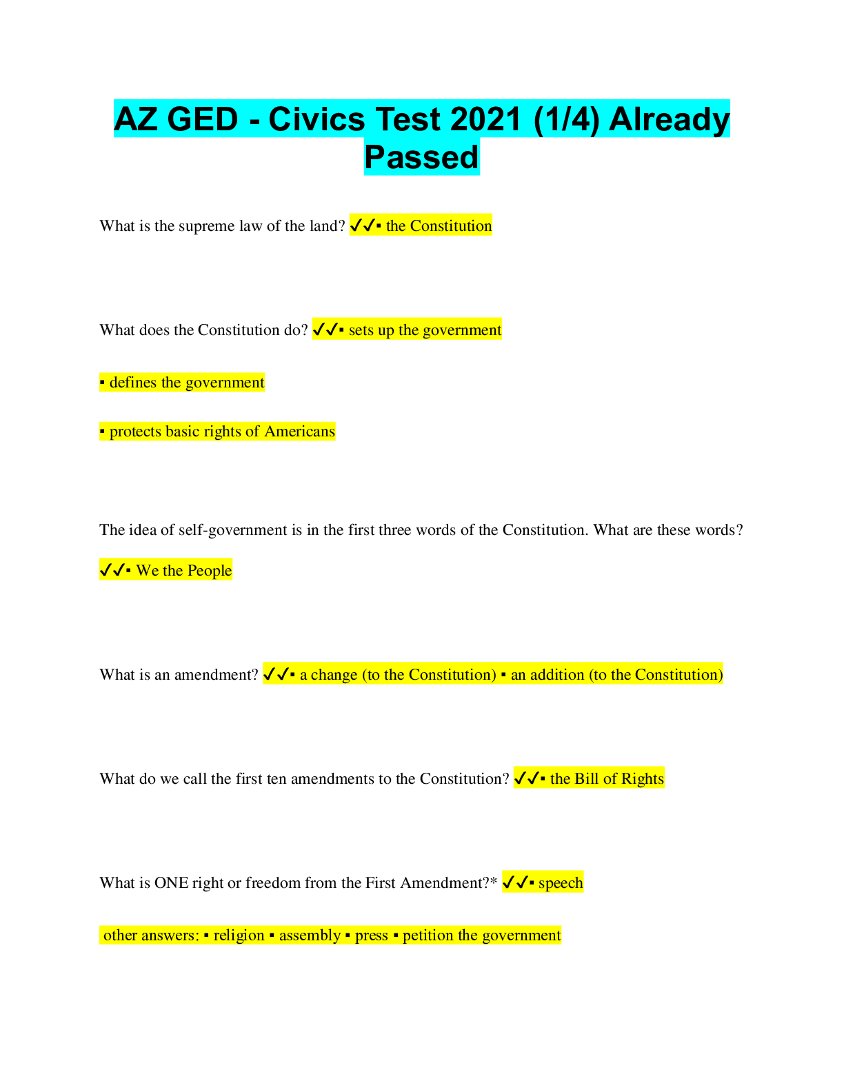 Preview image for AZ GED - Civics Test 2021 (1/4) Already Passed