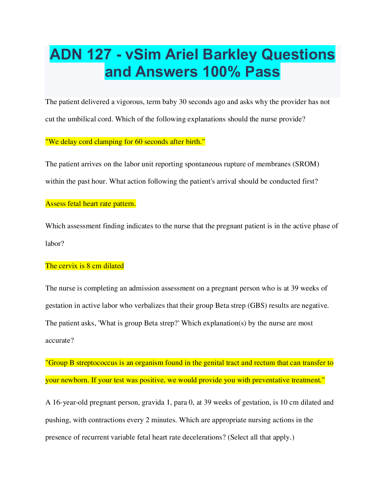 Preview image for ADN 127 - vSim Ariel Barkley Questions and Answers 100% Pass