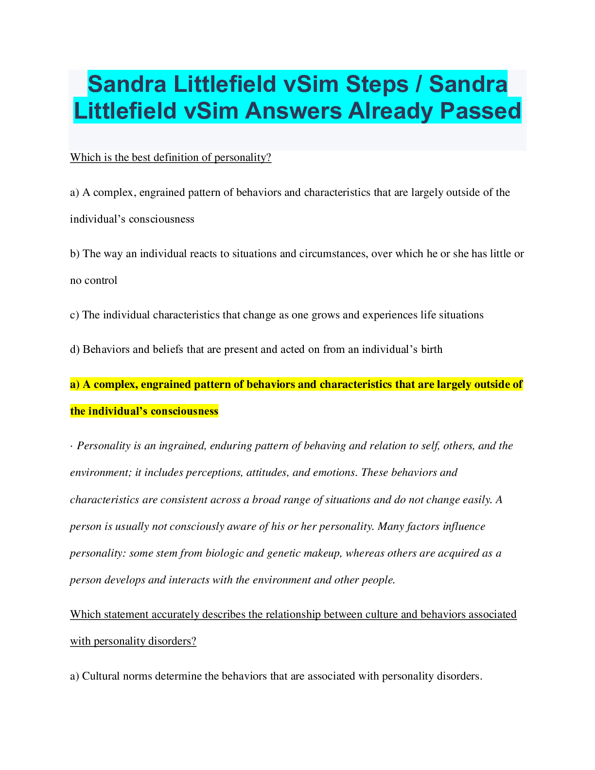 Preview image for Sandra Littlefield vSim Steps / Sandra Littlefield vSim Answers Already Passed