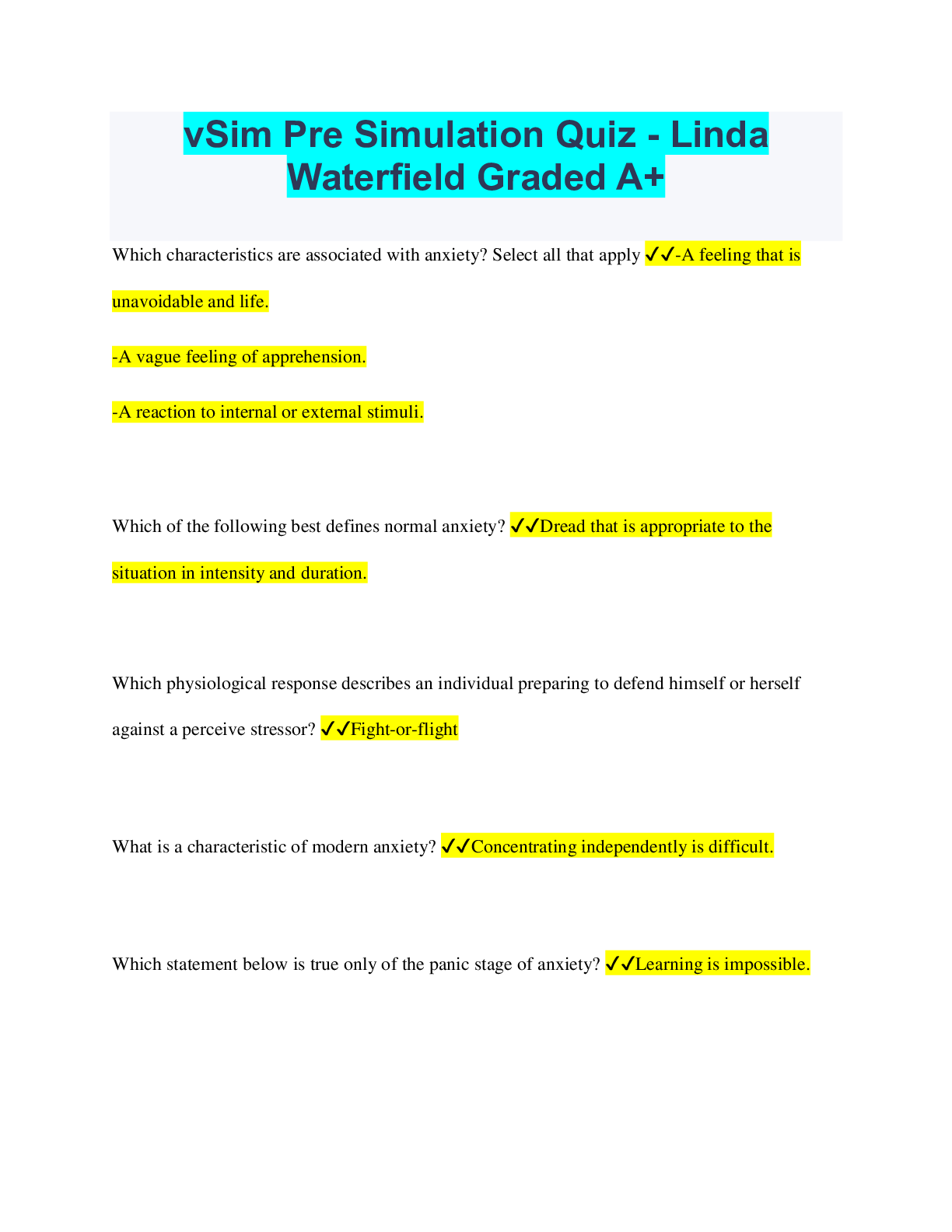 Preview image for vSim Pre Simulation Quiz - Linda Waterfield Graded A+