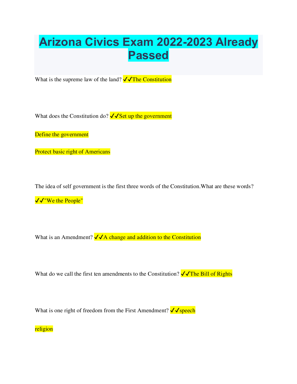 Preview image for Arizona Civics Exam 2022-2023 Already Passed