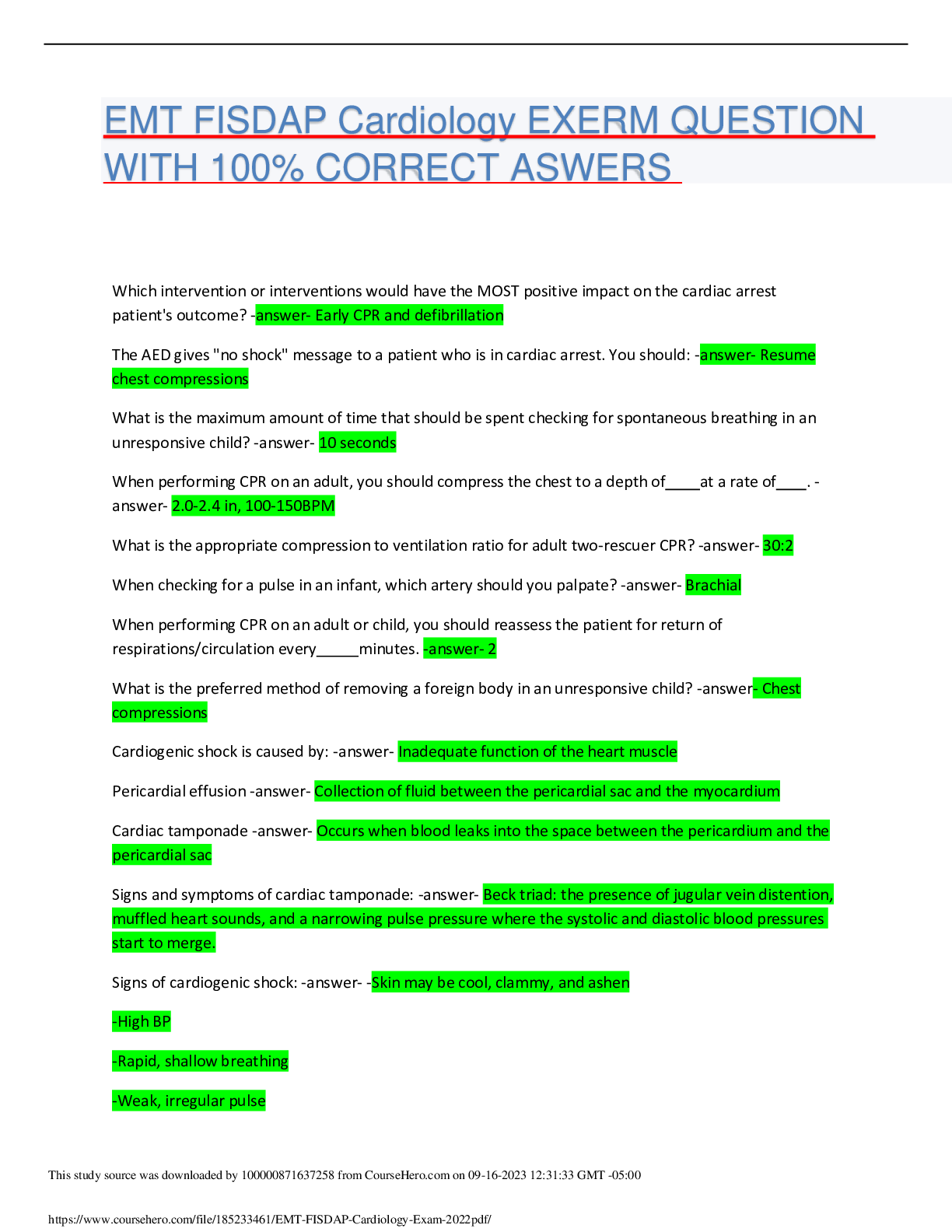 Preview image for EMT FISDAP Cardiology EXERM QUESTION WITH 100% CORRECT ASWERS