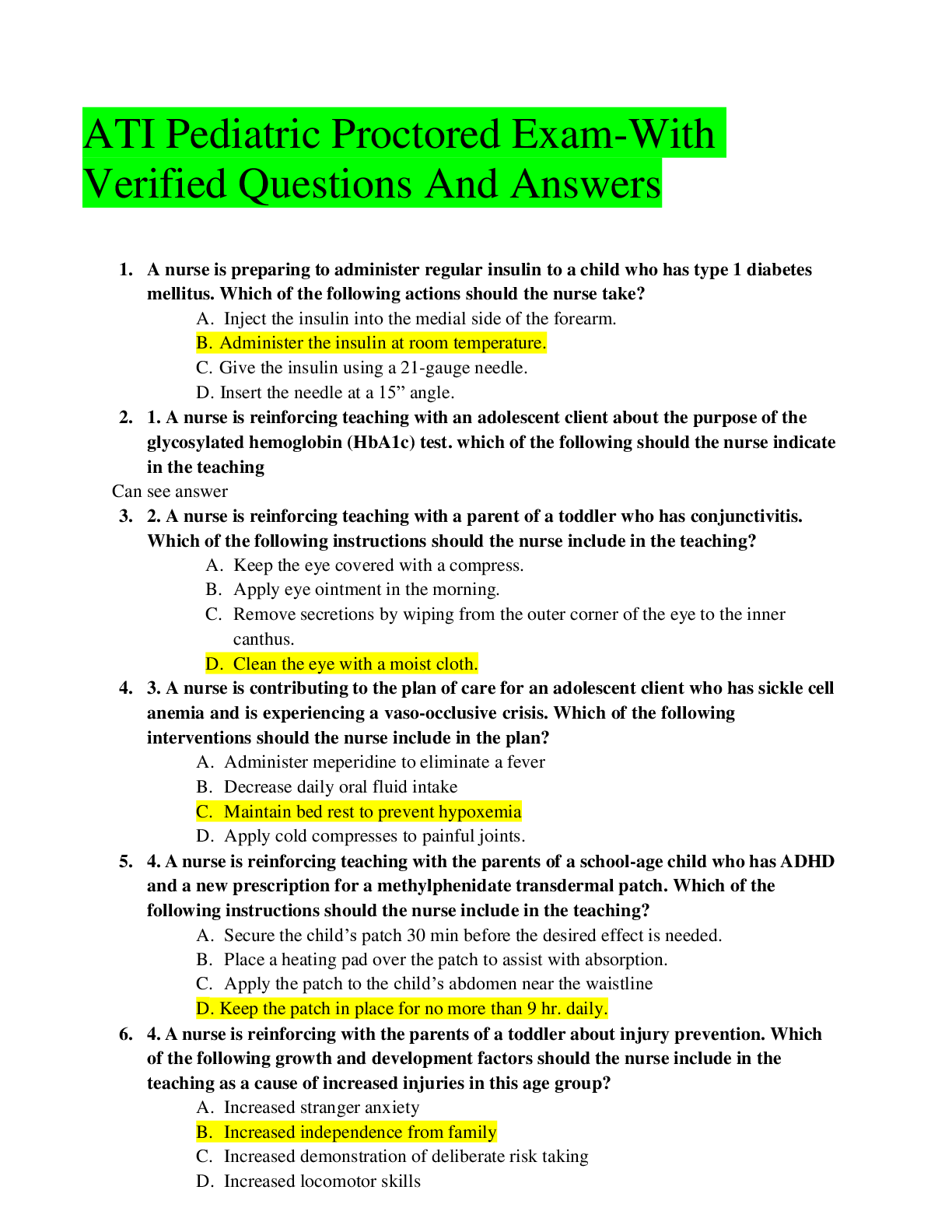 Preview image for ATI Pediatric Proctored Exam¬¬¬-With Verified Questions And Answers