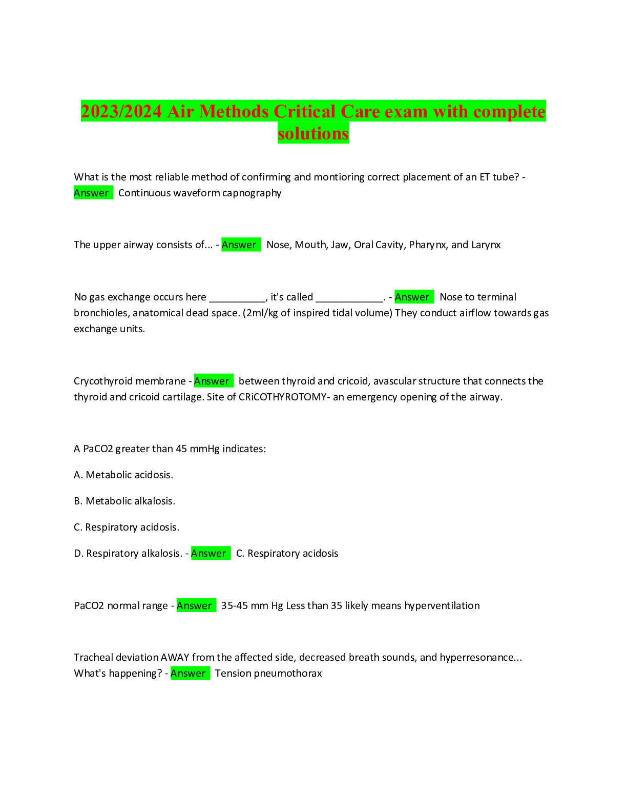 Preview image for 2023/2024 Air Methods Critical Care exam with complete solutions