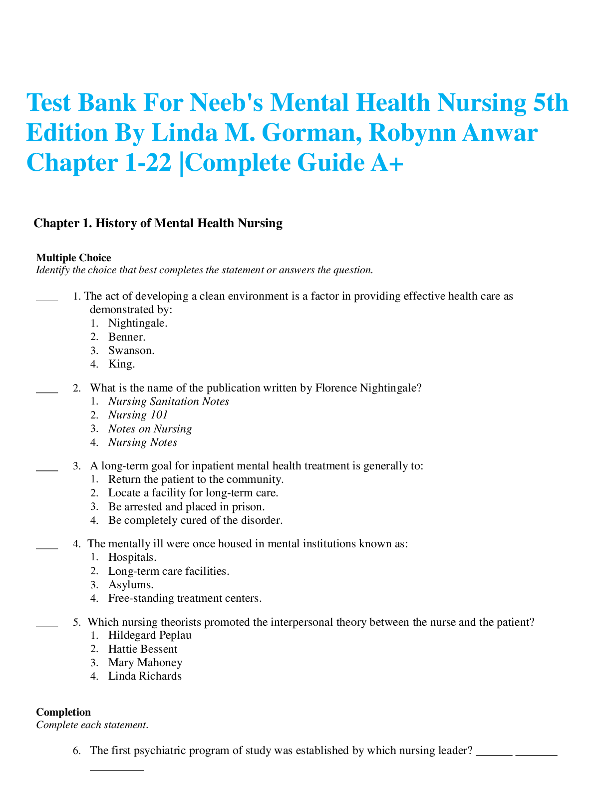 Preview image for Test Bank For Neeb's Mental Health Nursing 5th Edition By Linda M. Gorman, Robynn Anwar Chapter 1-22 |Complete Guide A+