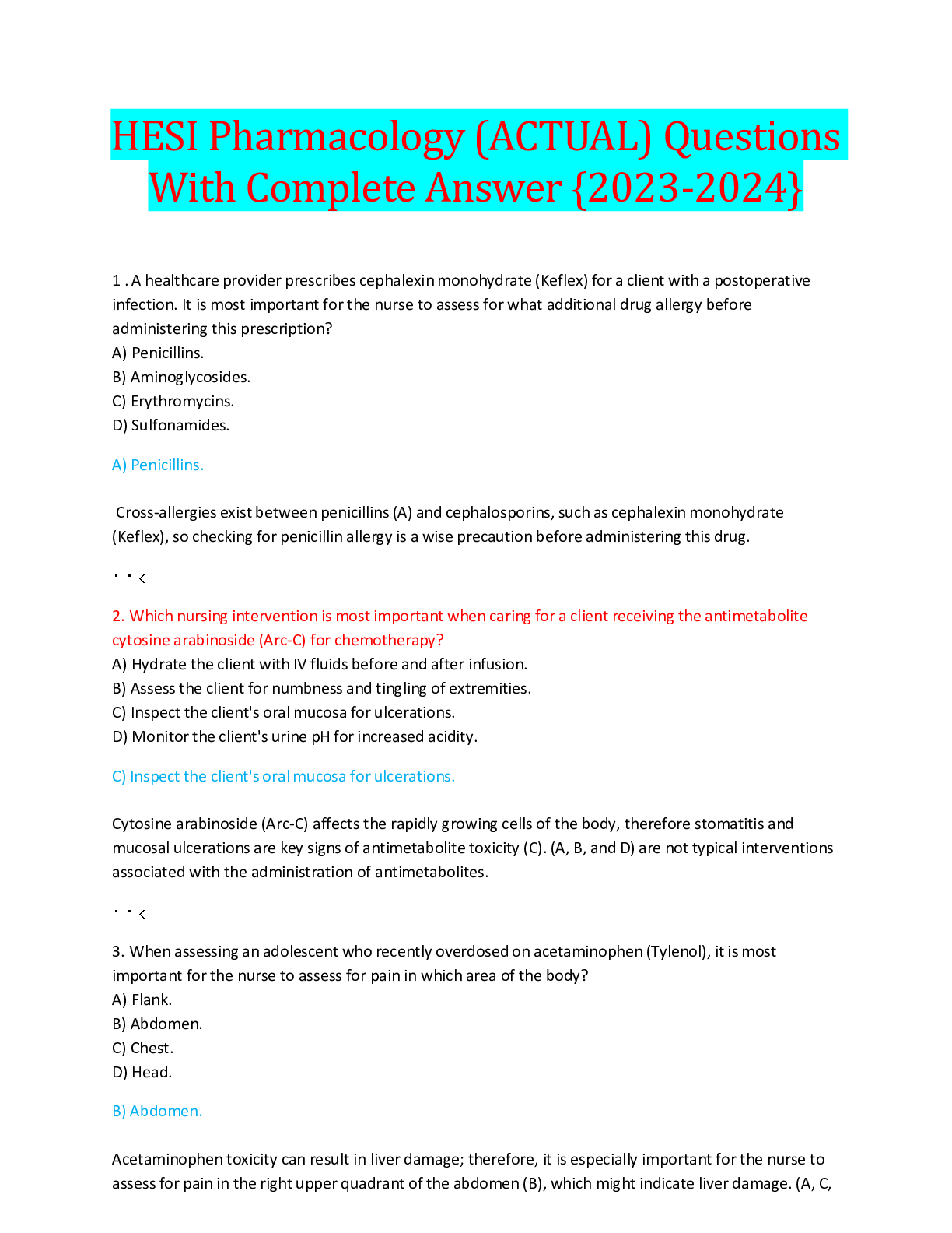 Preview image for HESI Pharmacology (ACTUAL) Questions With Complete Answer {2023-2024}