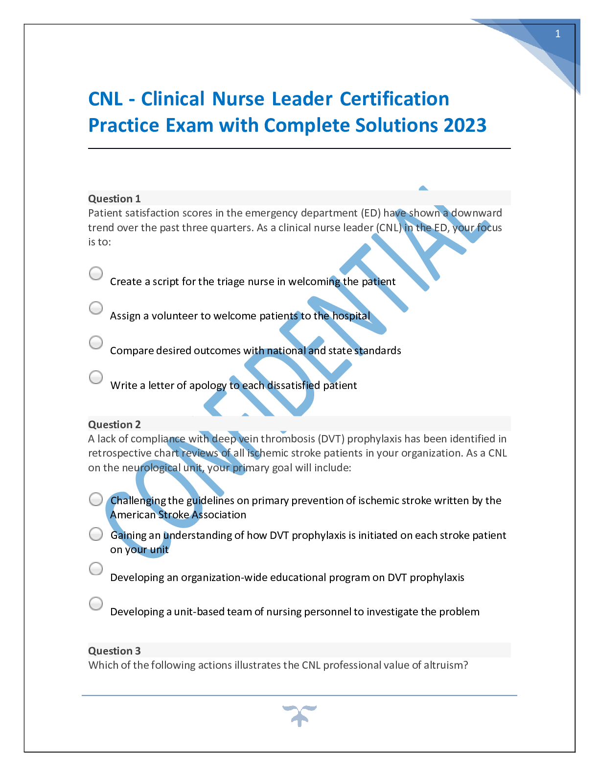 Preview image for CNL - Clinical Nurse Leader Certification Practice Exam with Complete Solutions 2023