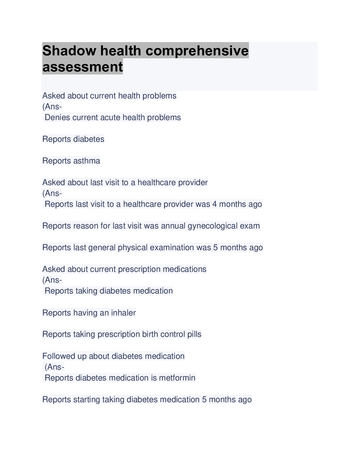 Preview image of Shadow health comprehensive assessment: Updated Solution document