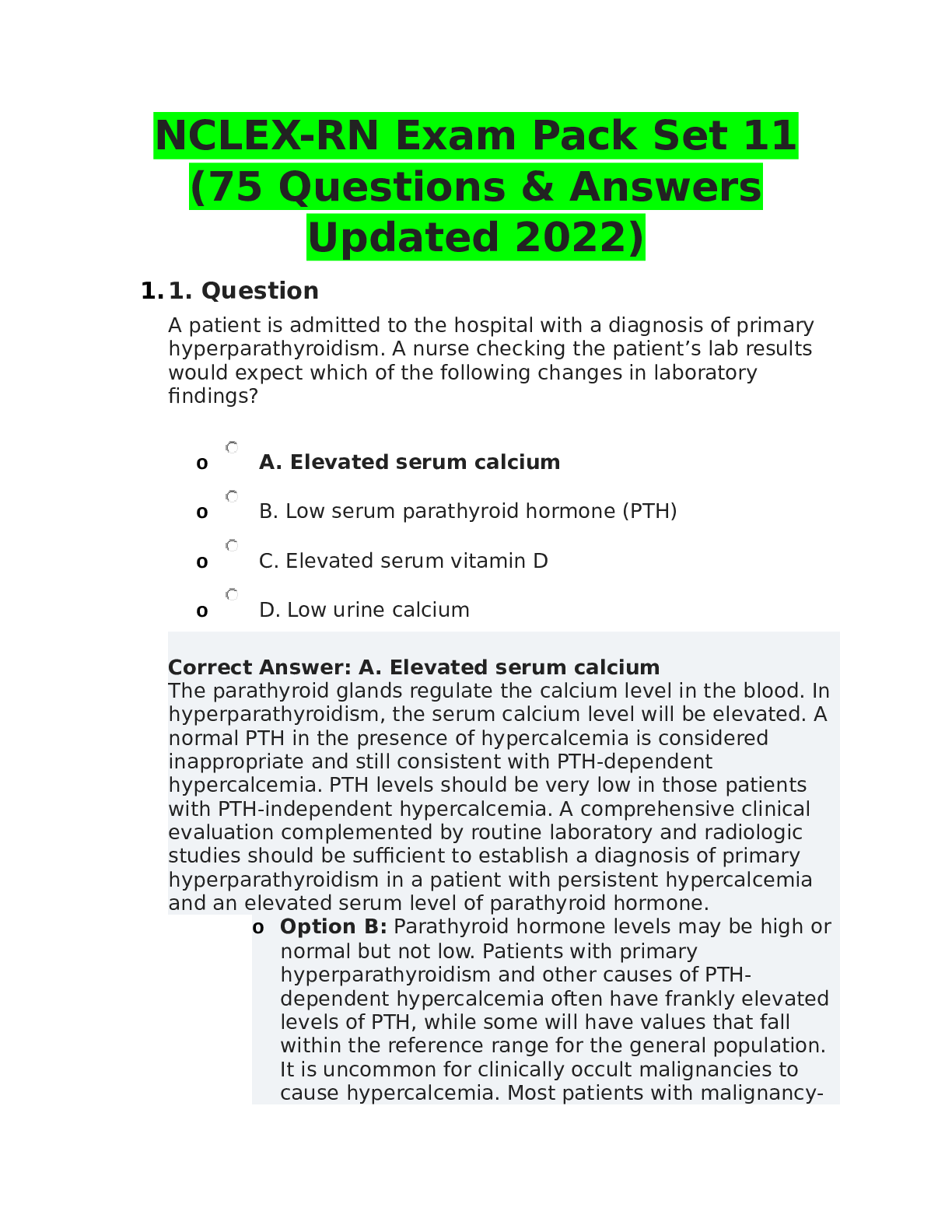 Preview of NCLEX-RN Exam Pack Set 11 (75Questions &amp; Answers Updated2022)