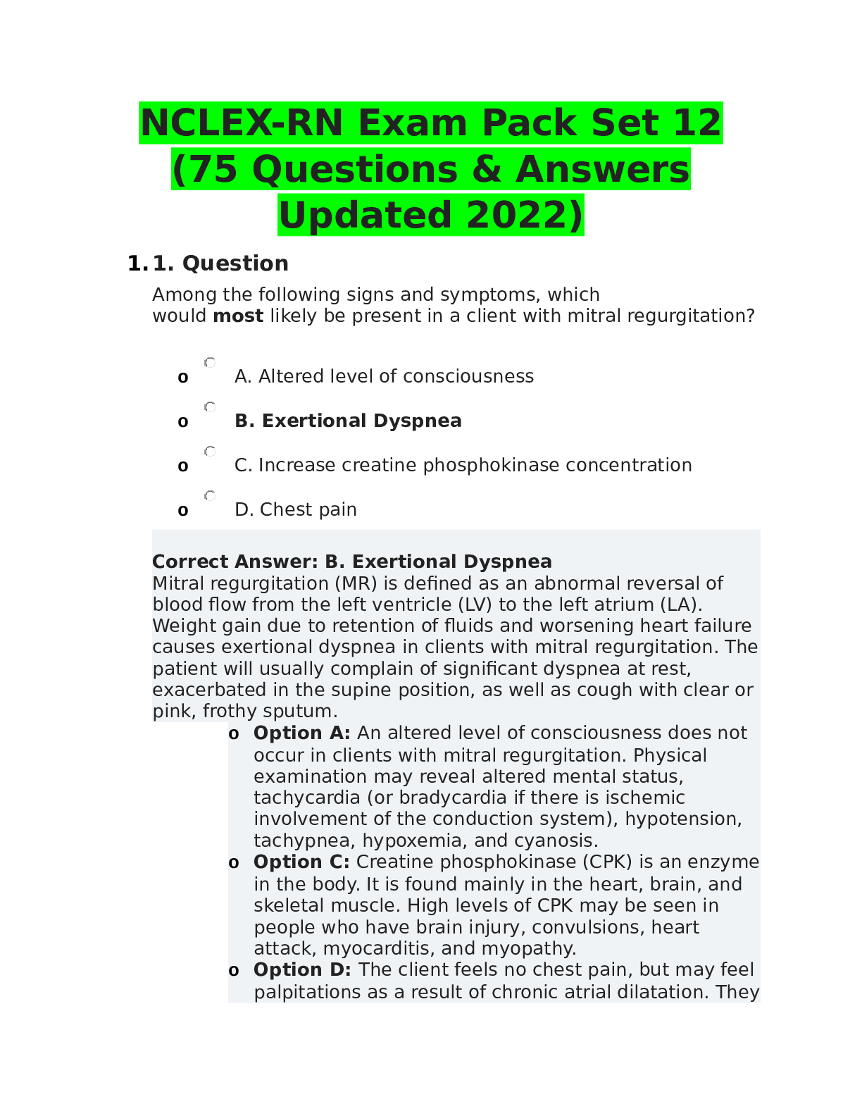 Preview of NCLEX-RN Exam Pack Set 12 (75Questions &amp; Answers Updated2022)