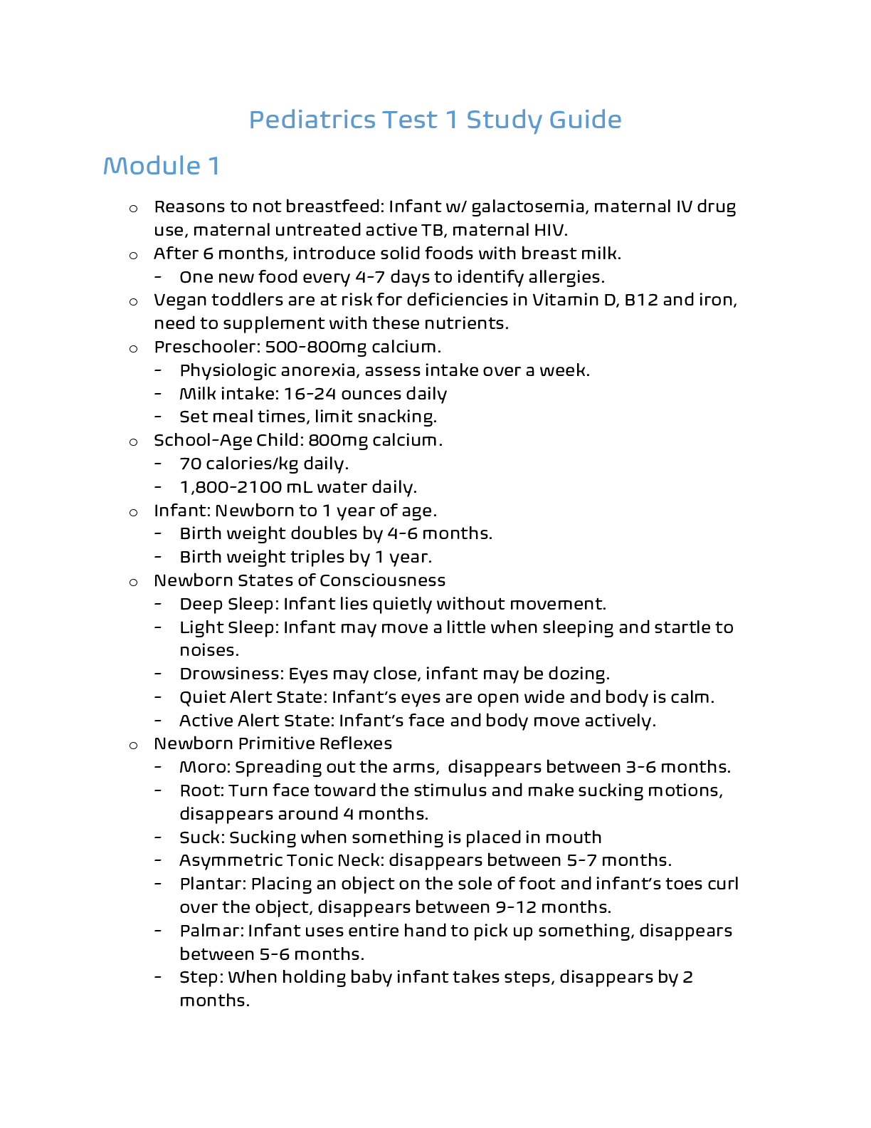 Pediatrics Test 1 Study Guide