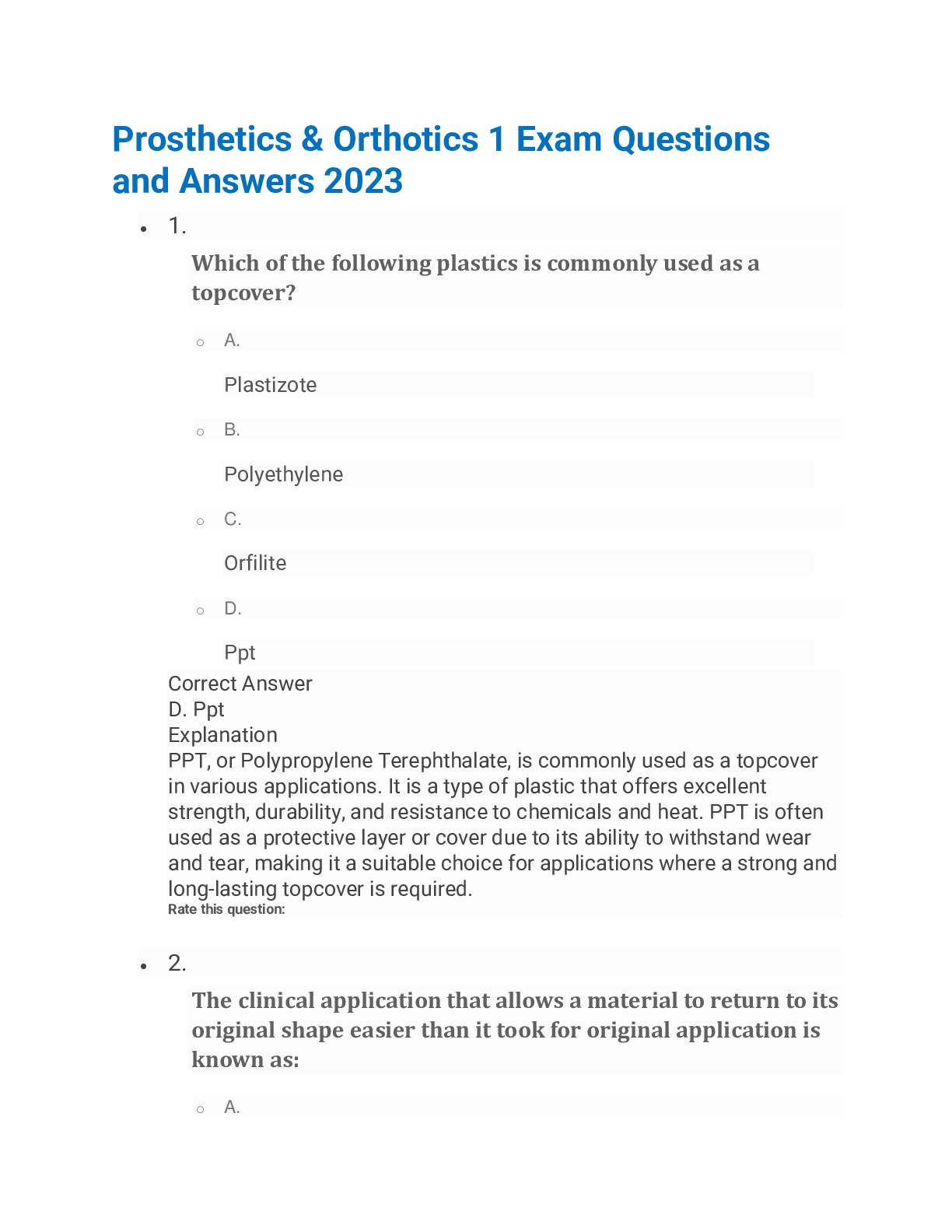 Preview image for Prosthetics & Orthotics 1 Exam Questions  and Answers 2023