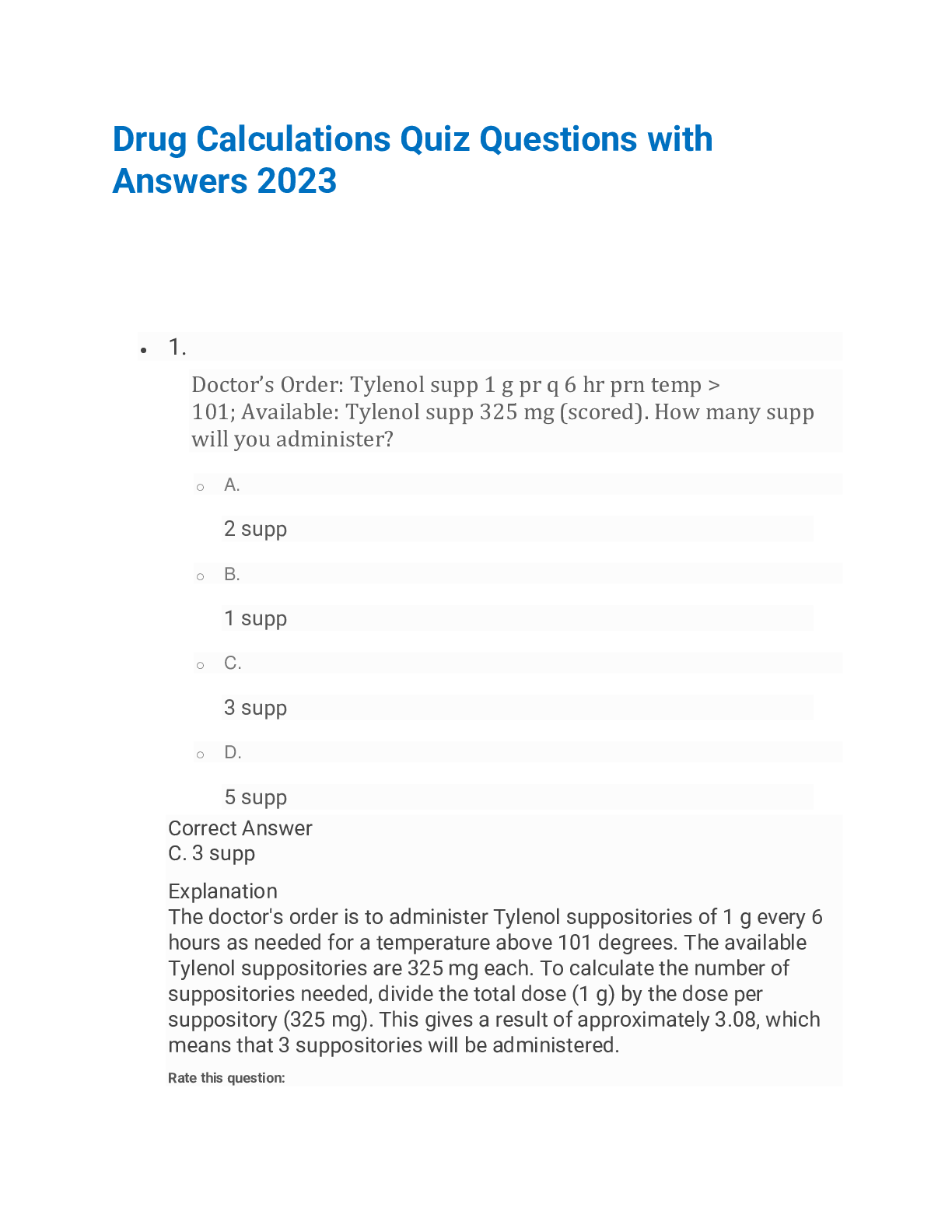 Preview image for Drug Calculations Quiz Questions with Answers 2023