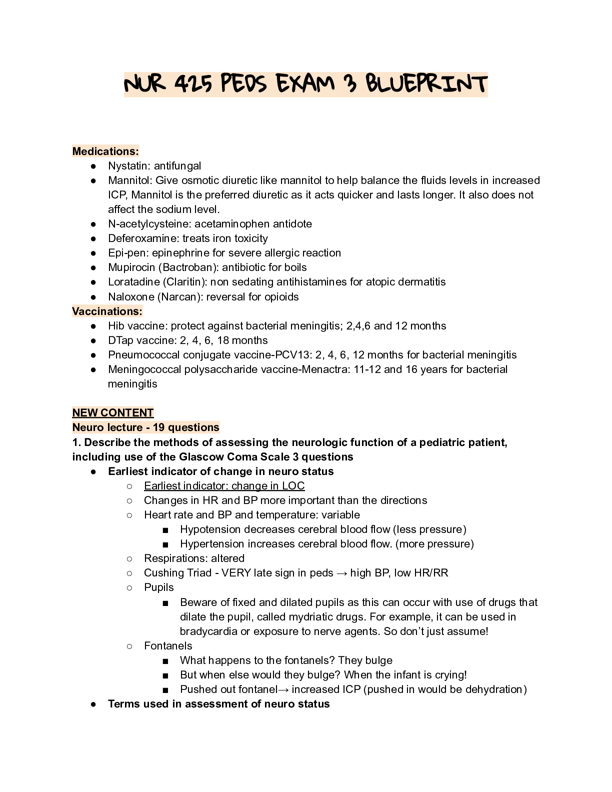 Recommended document preview for NUR 425 PEDS EXAM 3 BLUEPRINT
