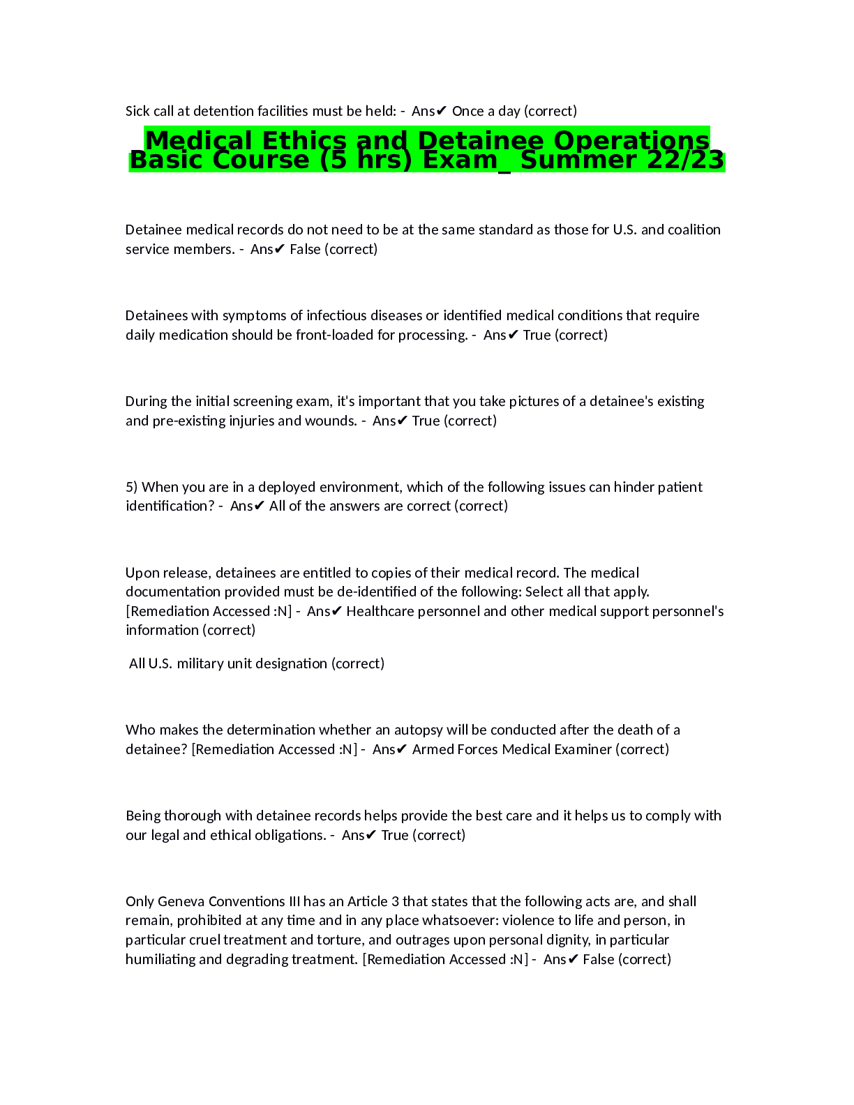 Preview of Medical Ethics and Detainee OperationsBasic Course (5 hrs) Exam_ Summer 2223