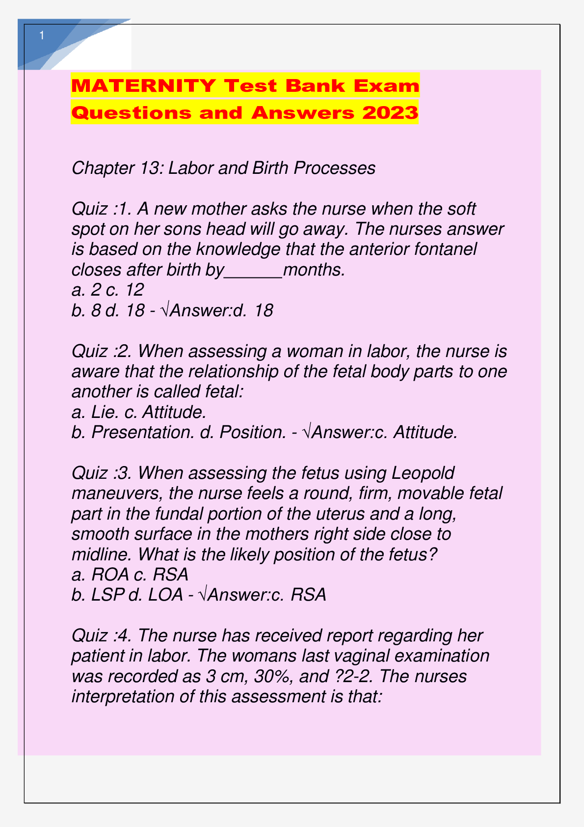 Preview image for MATERNITY Test Bank Exam Questions and Answers 2023
