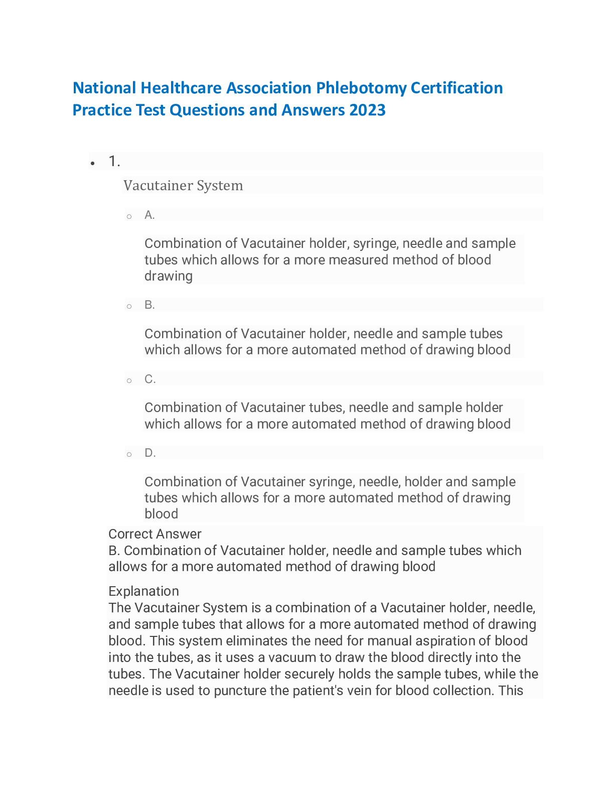 Preview image for National Healthcare Association Phlebotomy Certification  Practice Test Questions and Answers 2023