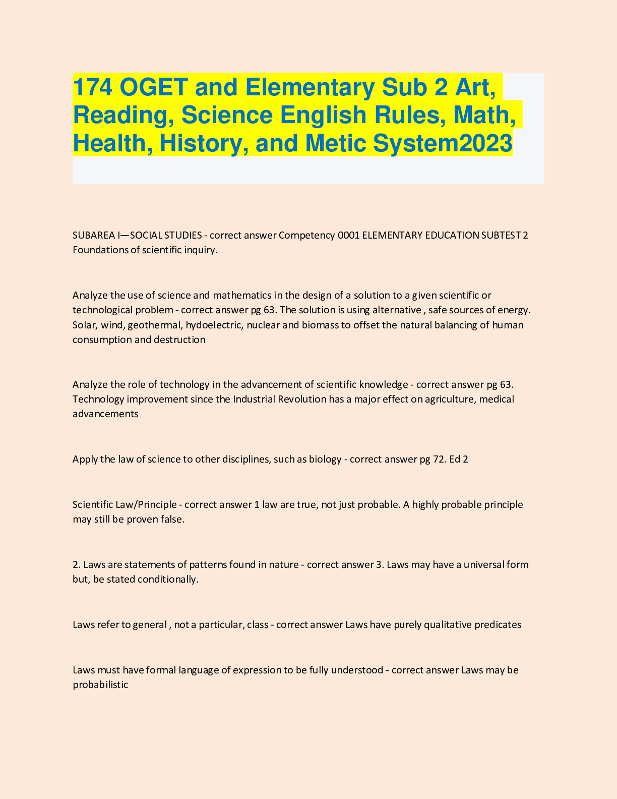 Preview image for 174 OGET and Elementary Sub 2 Art, Reading, Science English Rules, Math, Health, History, and Metic System 2023