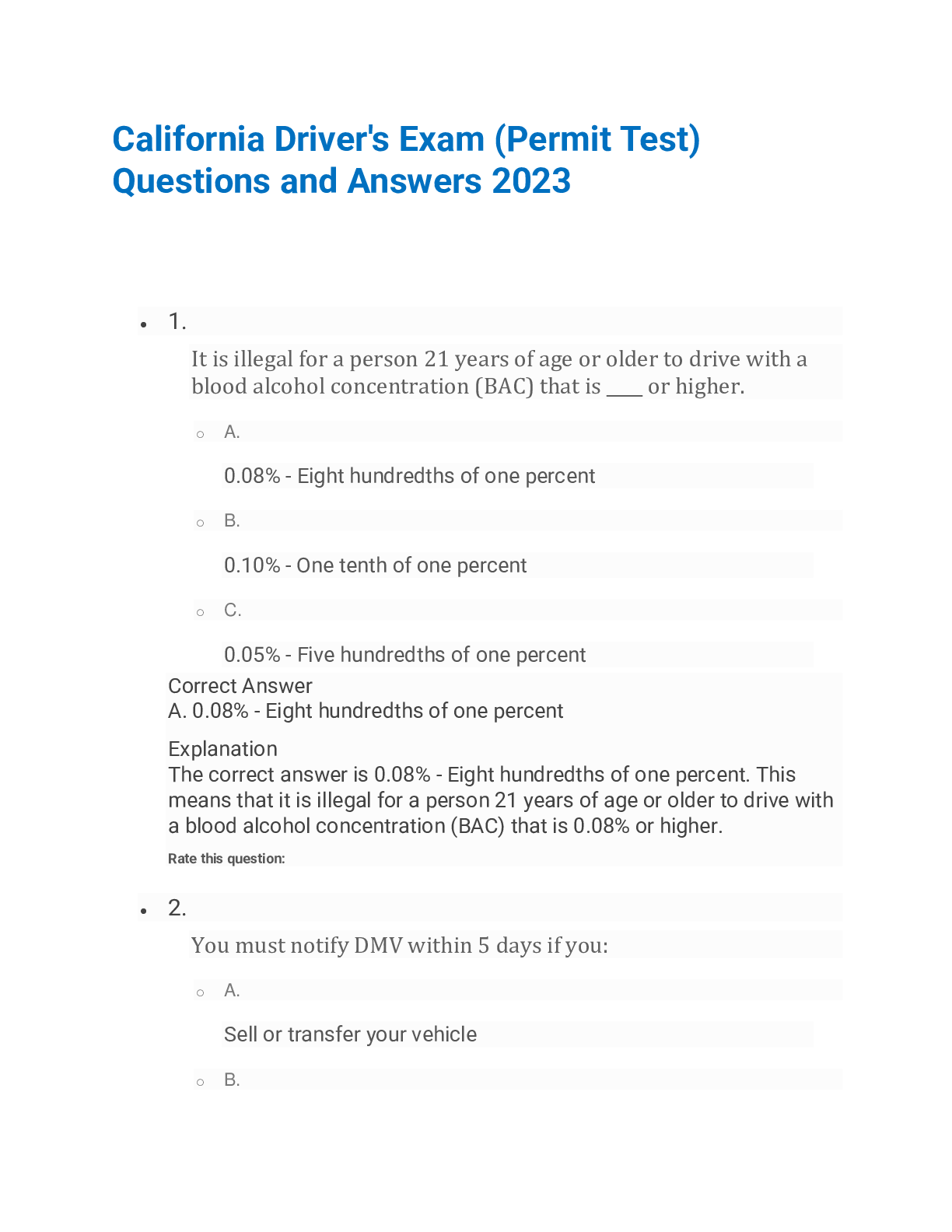 Preview image for California Driver's Exam (Permit Test) Questions and Answers 2023