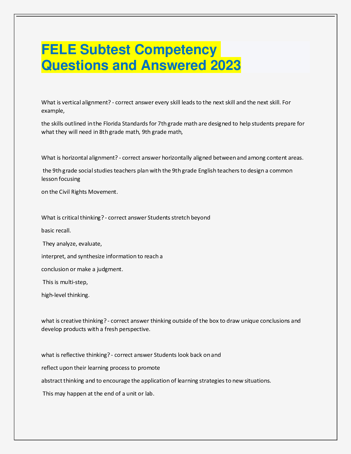 Preview image for FELE Subtest Competency Questions and Answers 2023
