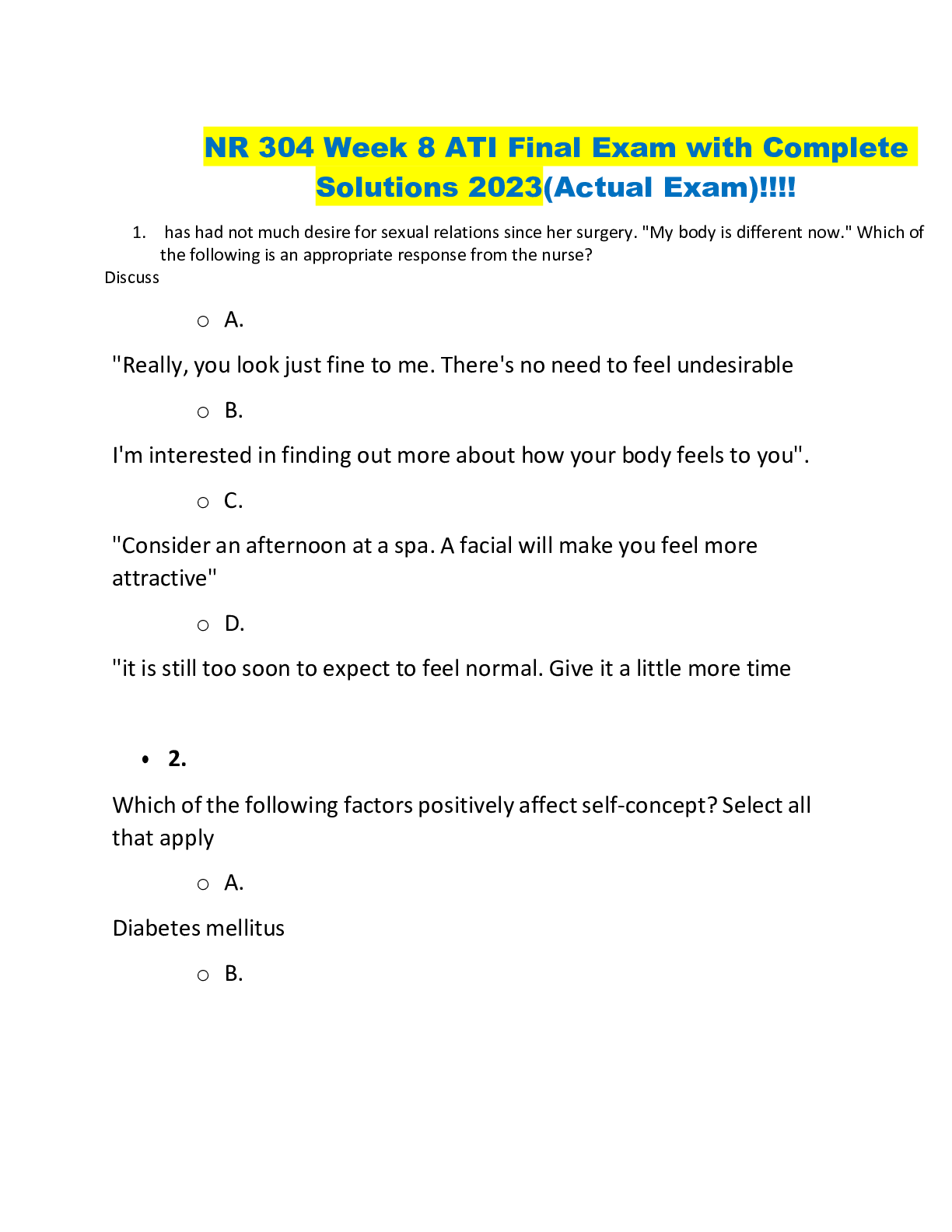 Preview image for NR 304 Week 8 ATI Final Exam with Complete  Solutions 2023