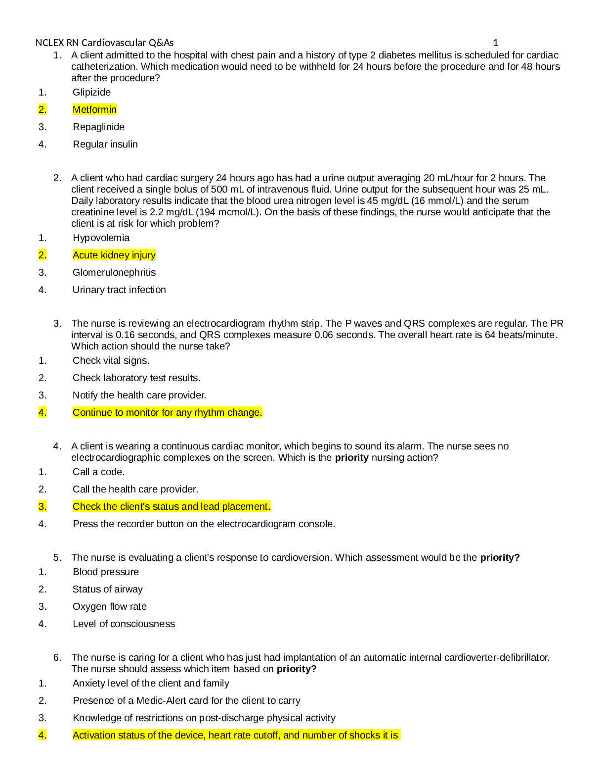 Preview image of NCLEX Cardiovascular Q and A 2021 document