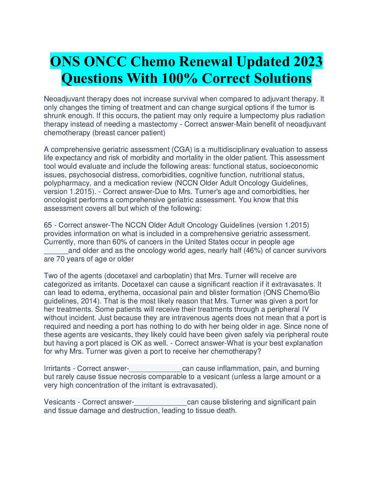 Preview of ONS ONCC Chemo Renewal Updated 2023Questions With 100% Correct Solutions
