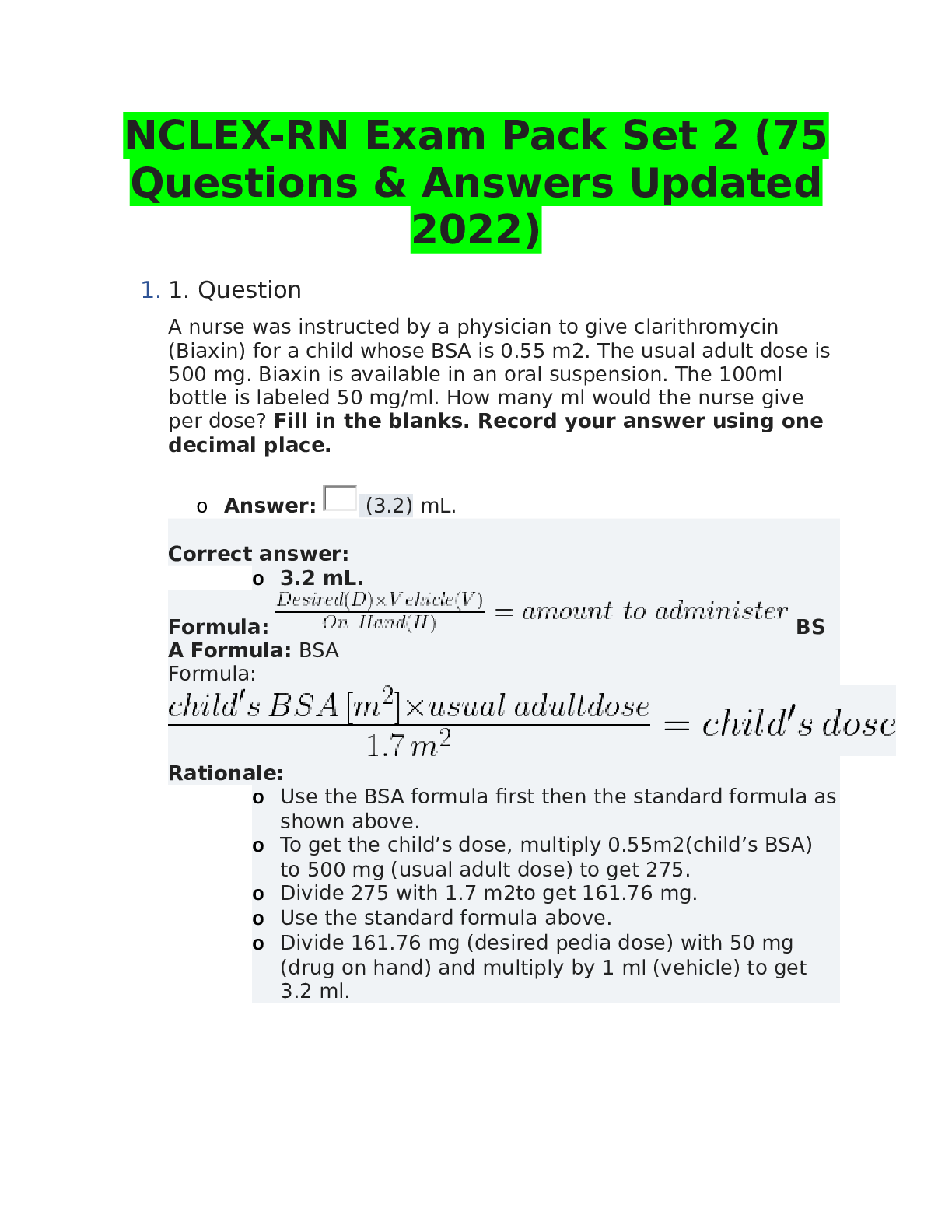 Preview of NCLEX-RN Exam Pack Set 2 (75Questions &amp; Answers Updated2022)