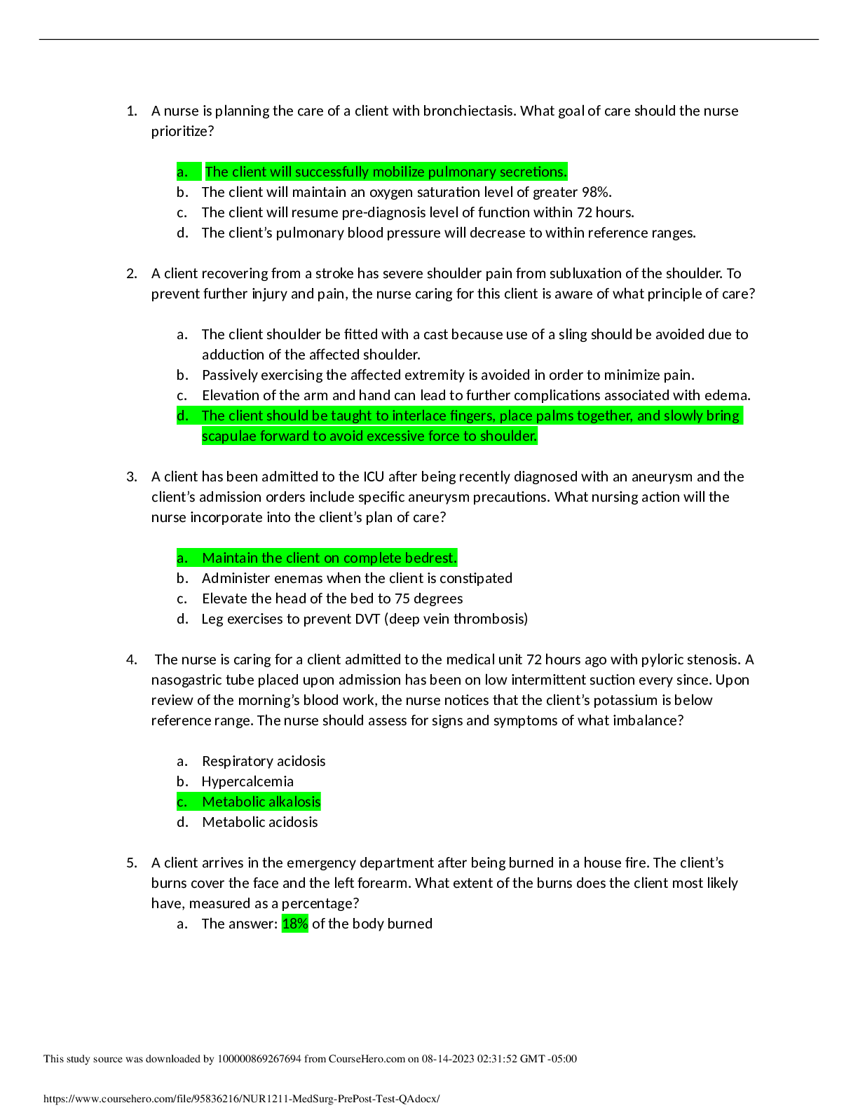 Preview image of NUR1211-MedSurg Pre&Post Test Q&A document