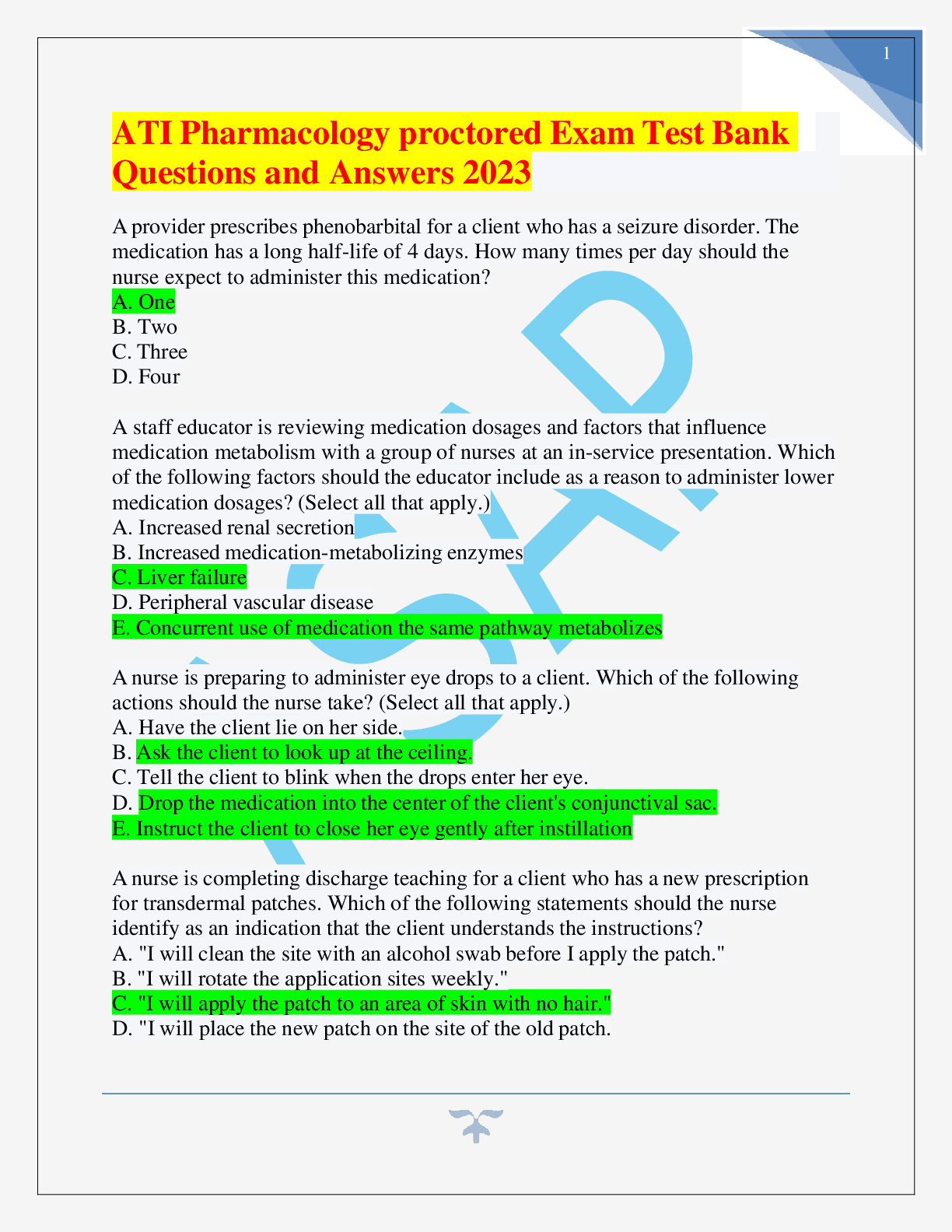 Preview image for ATI Pharmacology proctored Exam Test Bank Questions and Answers 2023