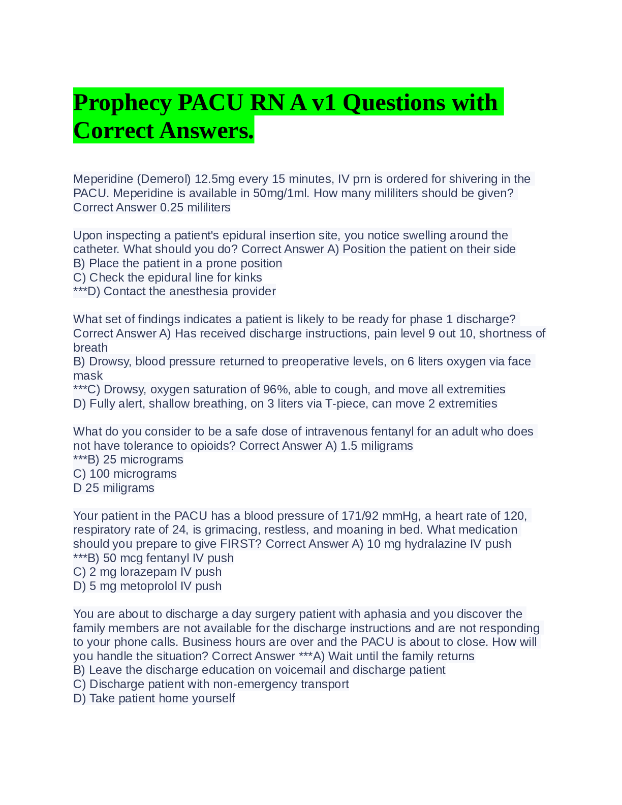 Preview of Prophecy PACU RN A v1 Questions withCorrect Answers.