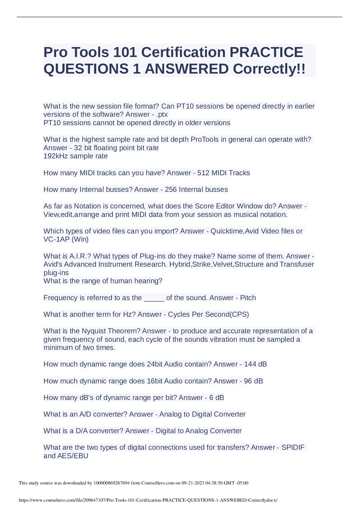 Preview image of Pro Tools 101 Certification PRACTICEQUESTIONS 1 ANSWERED Correctly! document