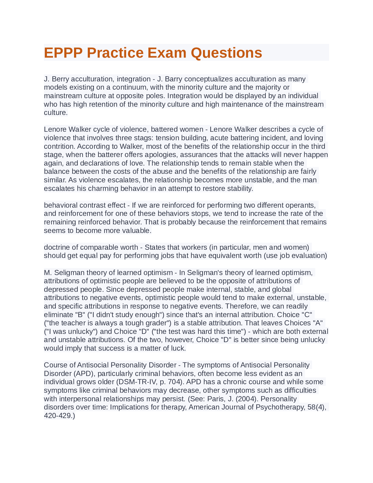 Preview of EPPP Psychology Licensing Exam 200 QUESTIONS WITH COMPLETE SOLUTIONS