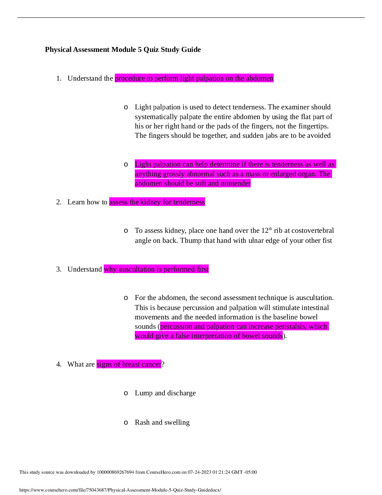 Preview image of Physical Assessment Module 5 Quiz Study Guide document