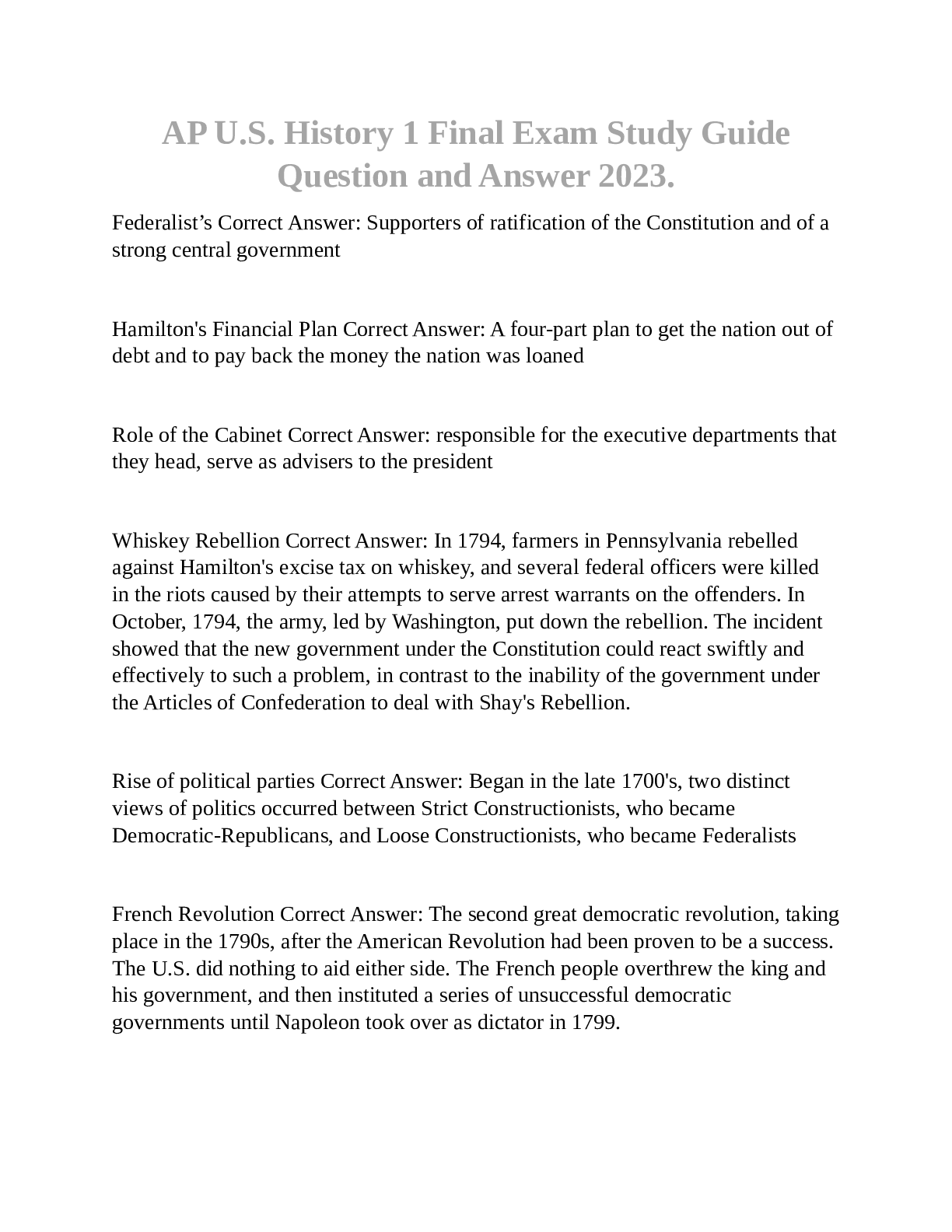 Preview image of AP U.S. History 1 Final Exam Study GuideQuestion and Answer 2023 document