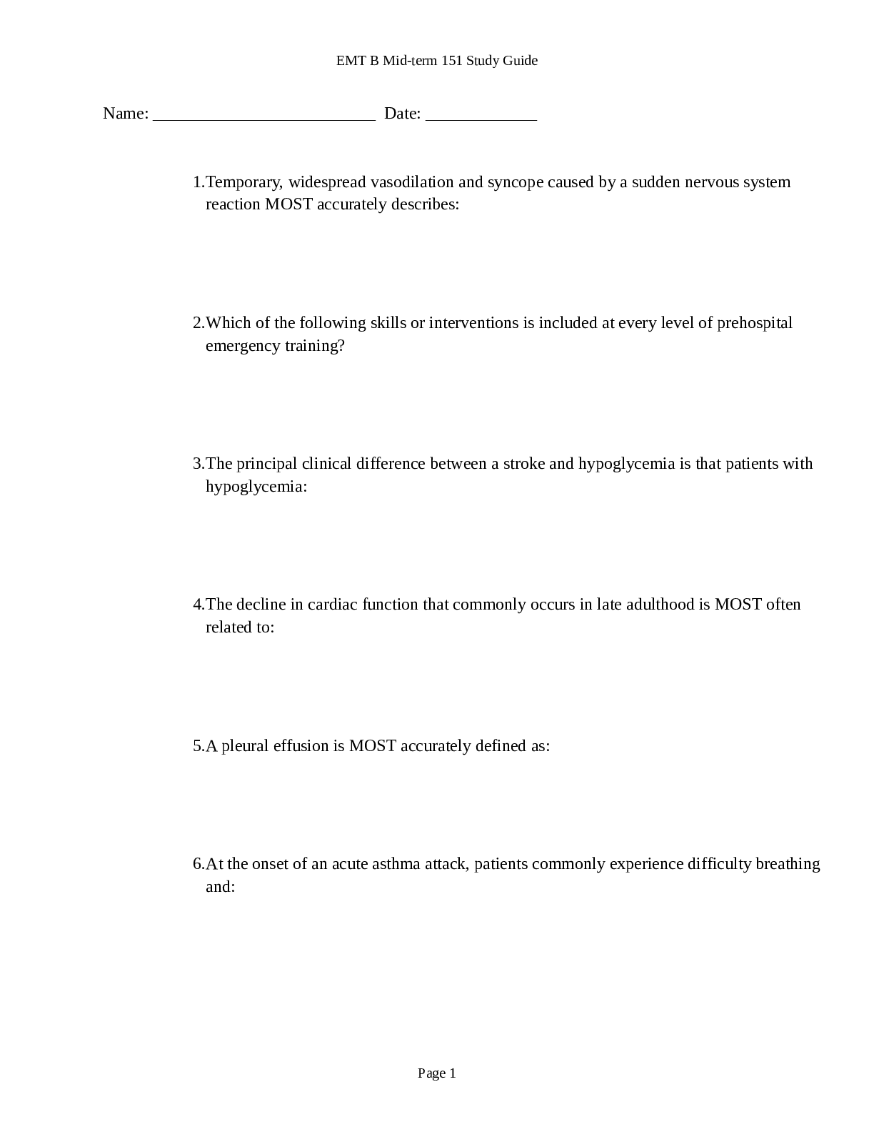 Preview image of EMT B Mid-term 151 Study Guide 2023 document