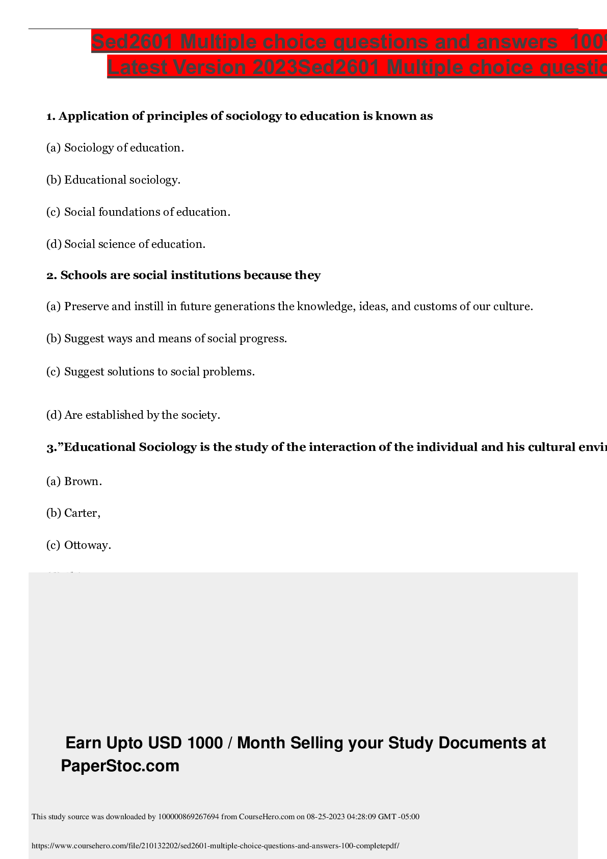 Preview of Sed2601 Multiple choice questions and answers100%Latest Version