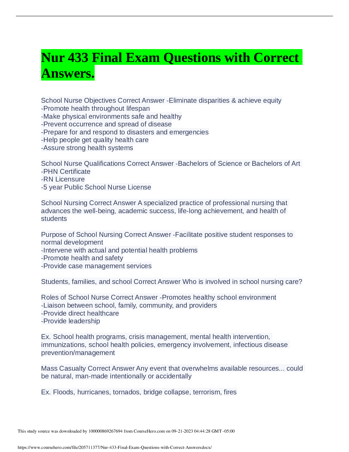 Preview of Nur 433 Final Exam Questions with CorrectAnswers
