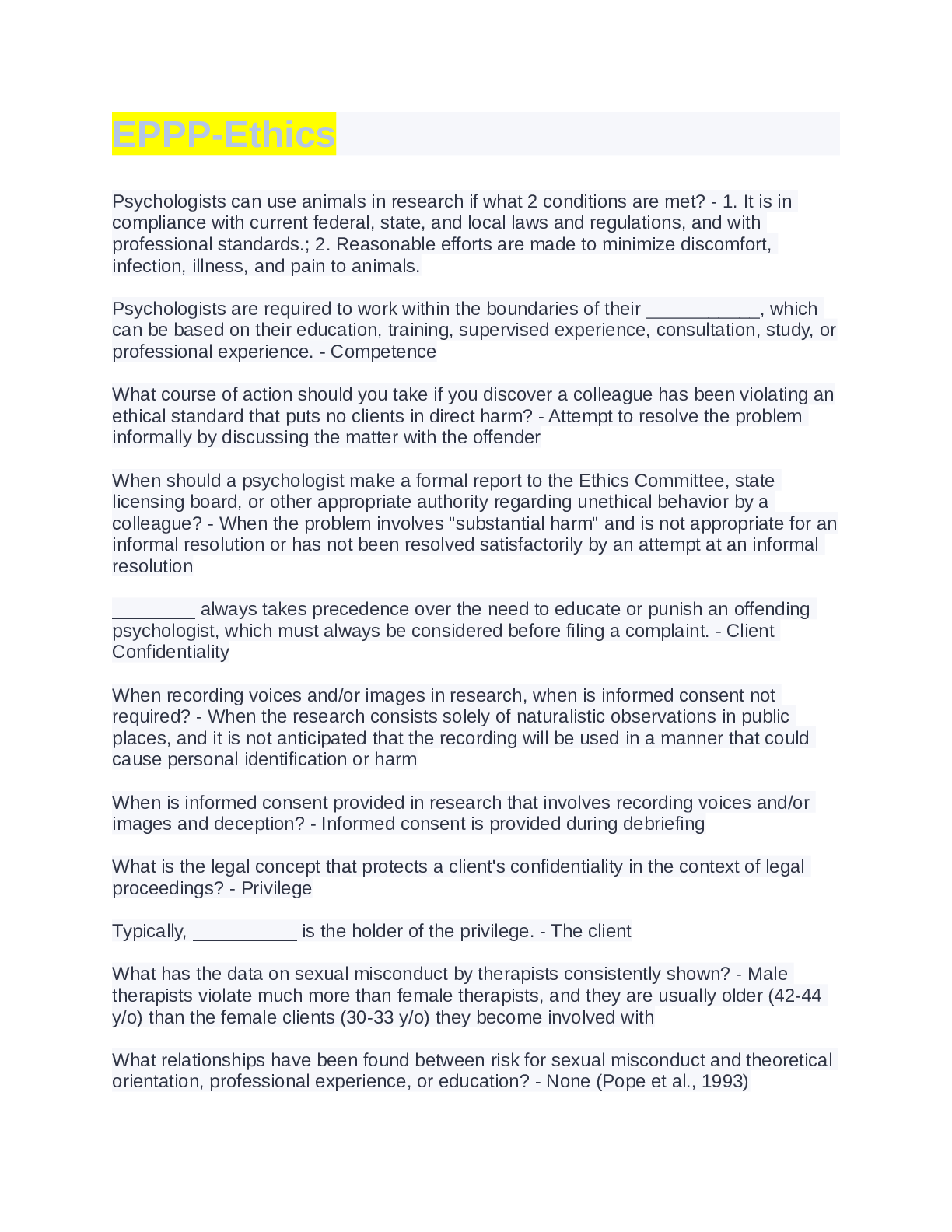 Preview image of EPPP Psychology Licensing Exam ETHICS WITH COMPLETE SOLUTIONS document