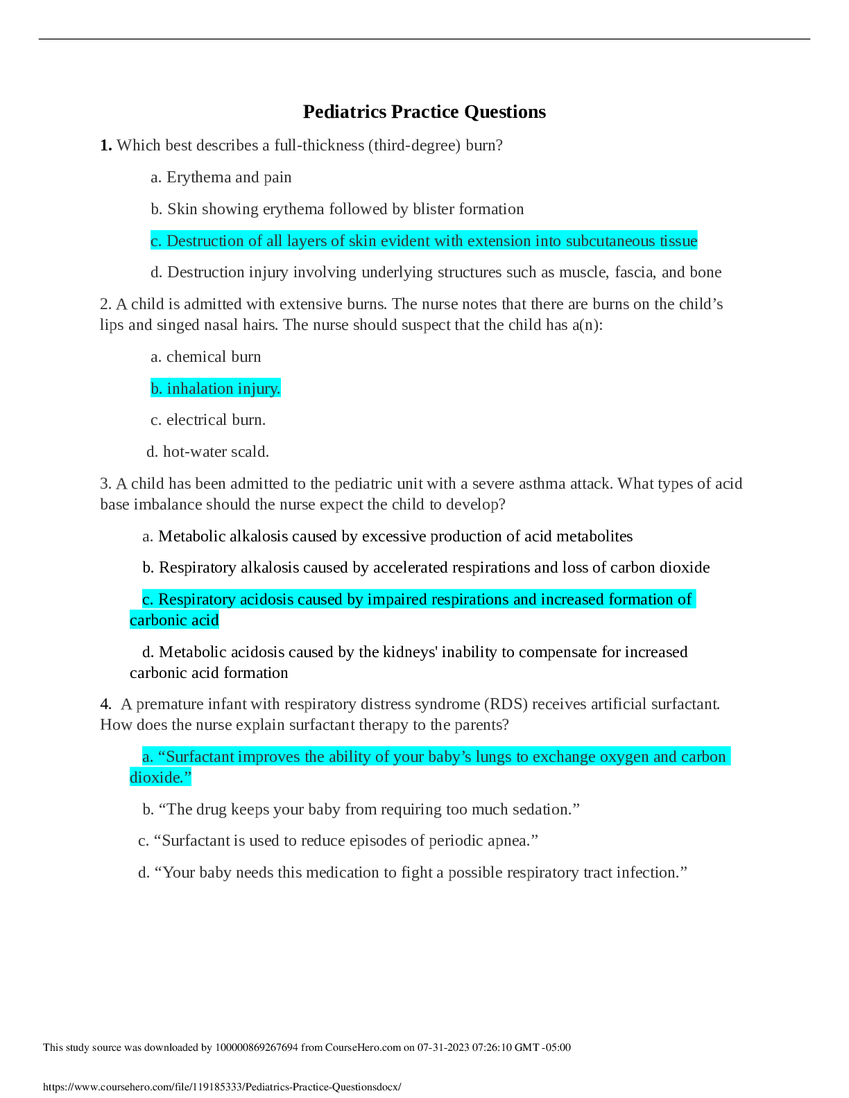 NURS 3520 Pediatrics Practice Questions