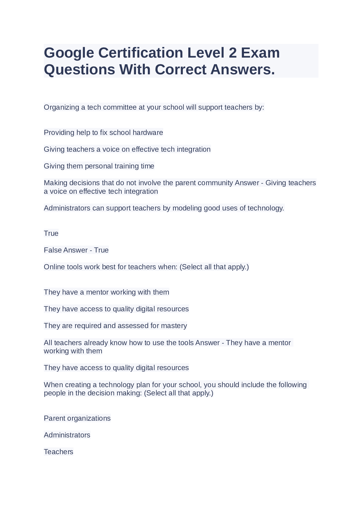 Preview image of Google Certification Level 2 Exam Questions With Correct Answers document