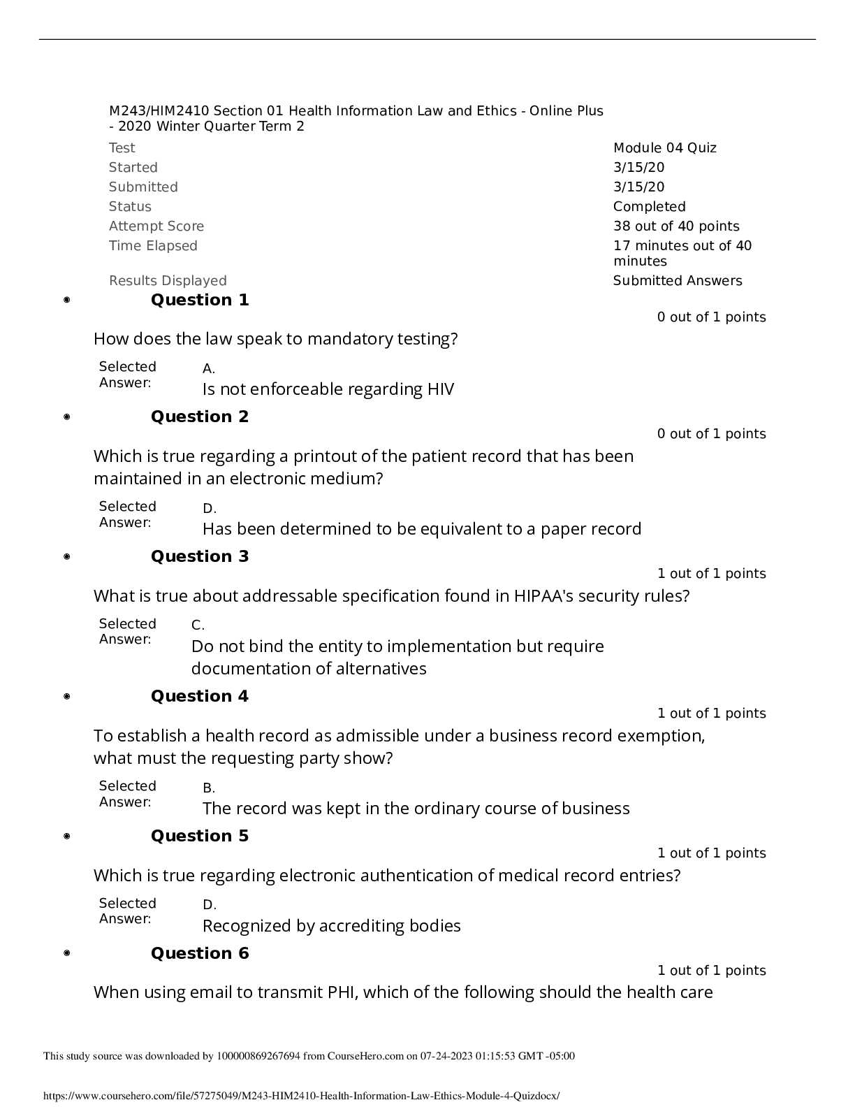 Preview of HIM2410 Health Information Law Ethics Module 4 Quiz