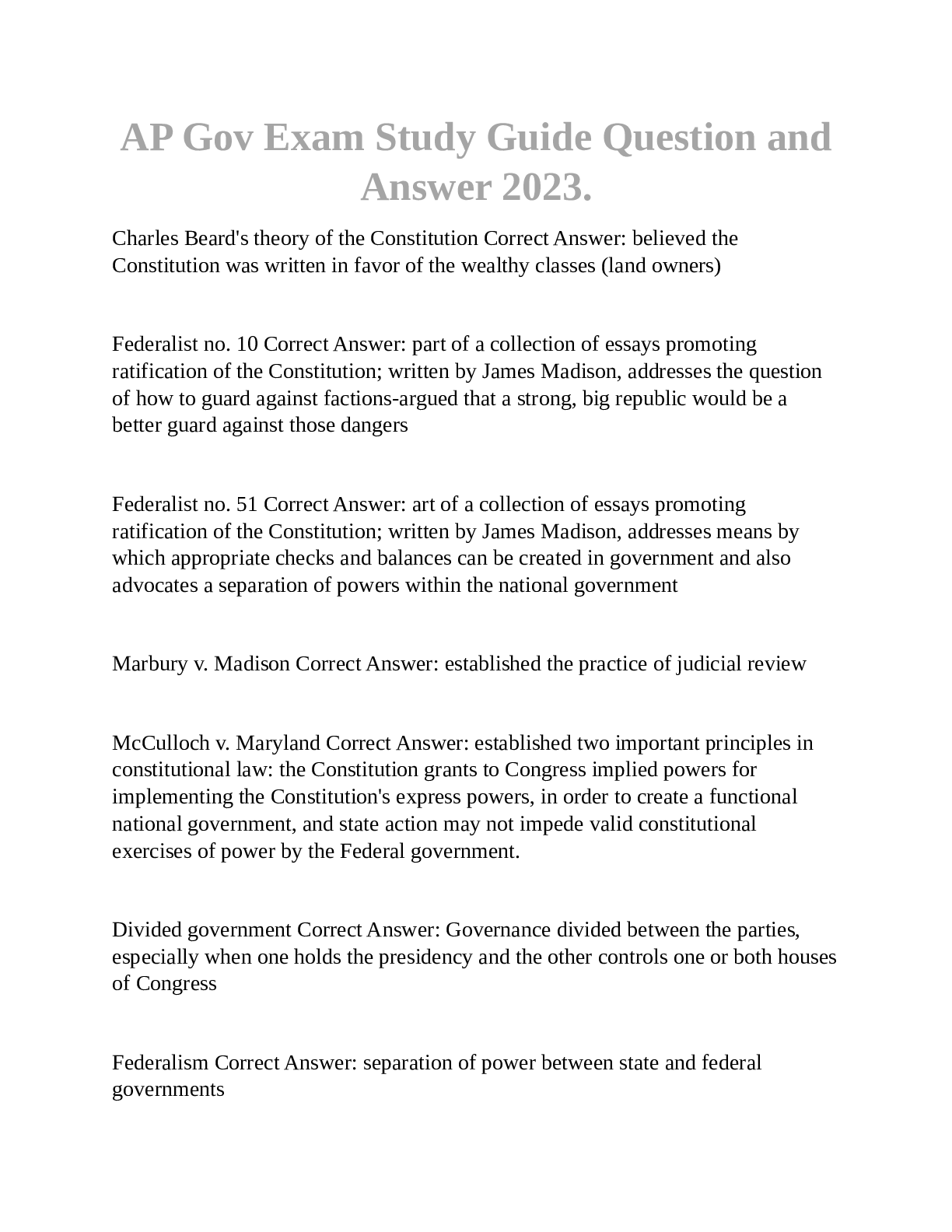 Preview image of AP Gov Exam Study Guide Question andAnswer 2023 document