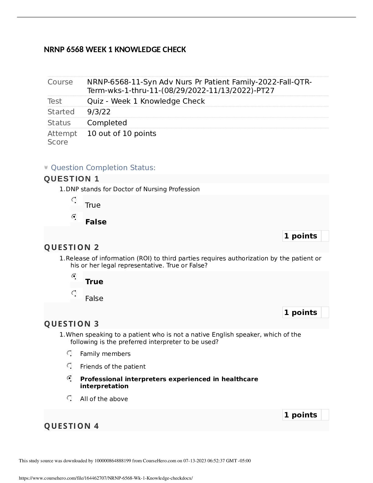 NRNP 6568 WEEK 1 KNOWLEDGE CHECK 2023