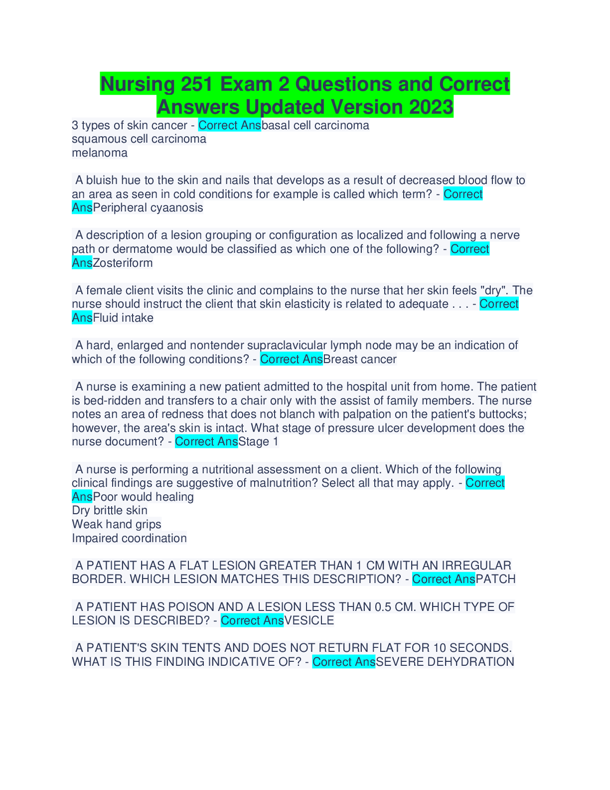 Preview of Nursing 251 Exam 2 Questions and CorrectAnswers Updated Version 2023