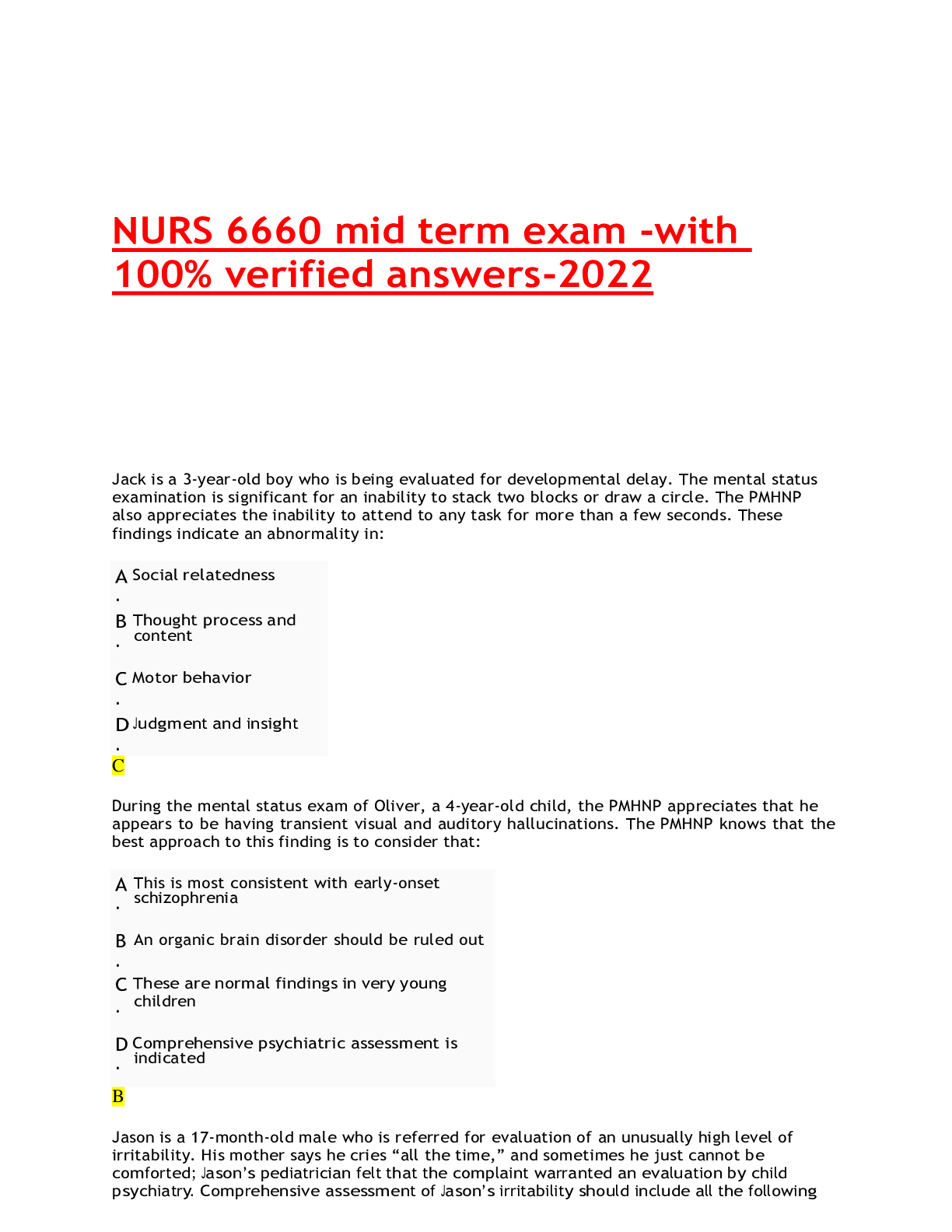 Preview of NURS 6660 mid term exam -with100% verified answers-2022