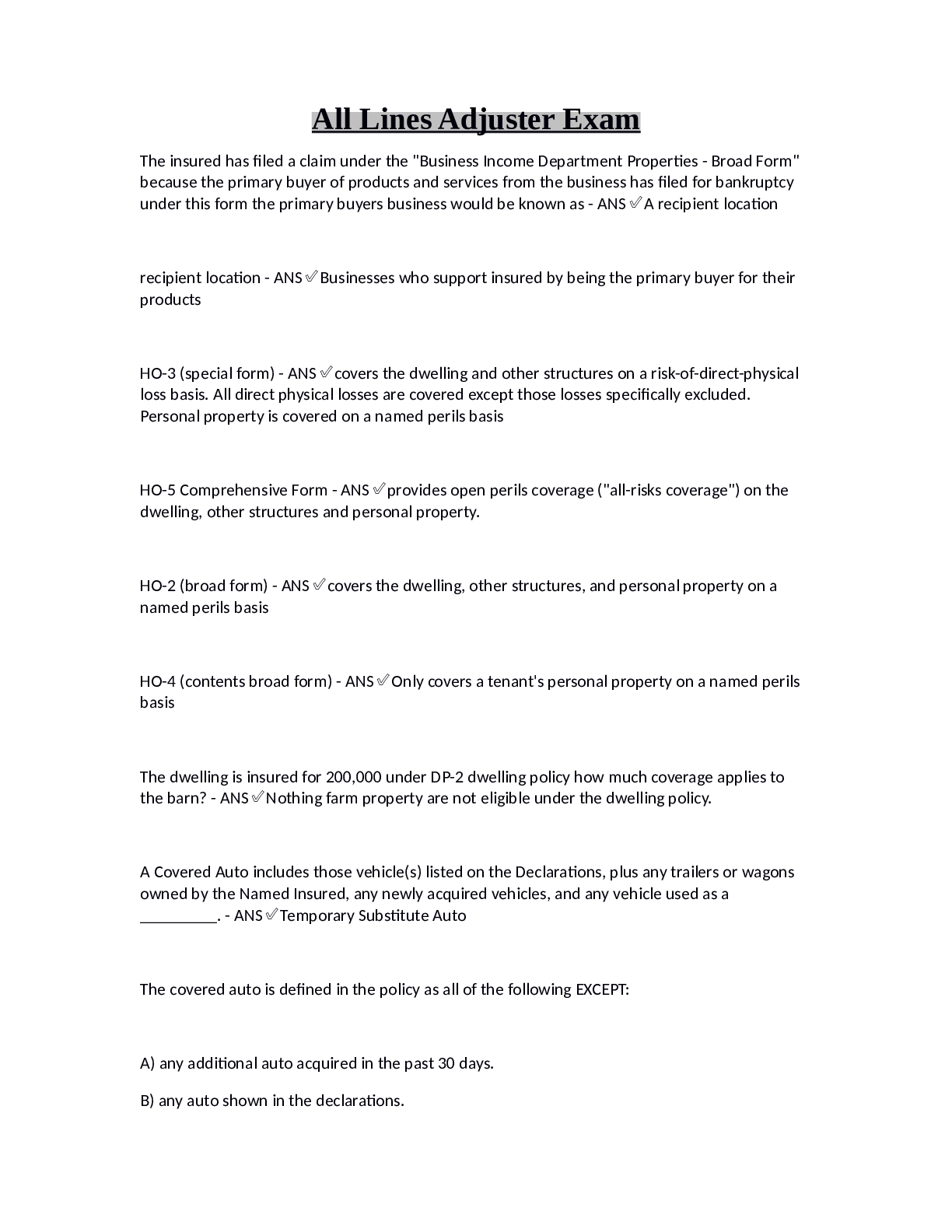 Preview image of Texas All Lines Adjuster Exam 2023 document