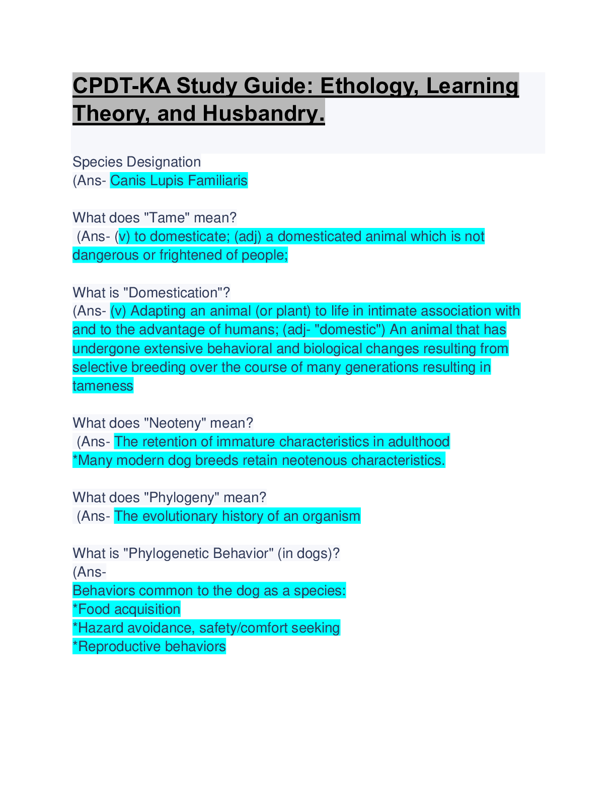 Preview image for CPDT-KA Study Guide: (Ethology, Learning Theory, and Husbandry) Updated  Solution