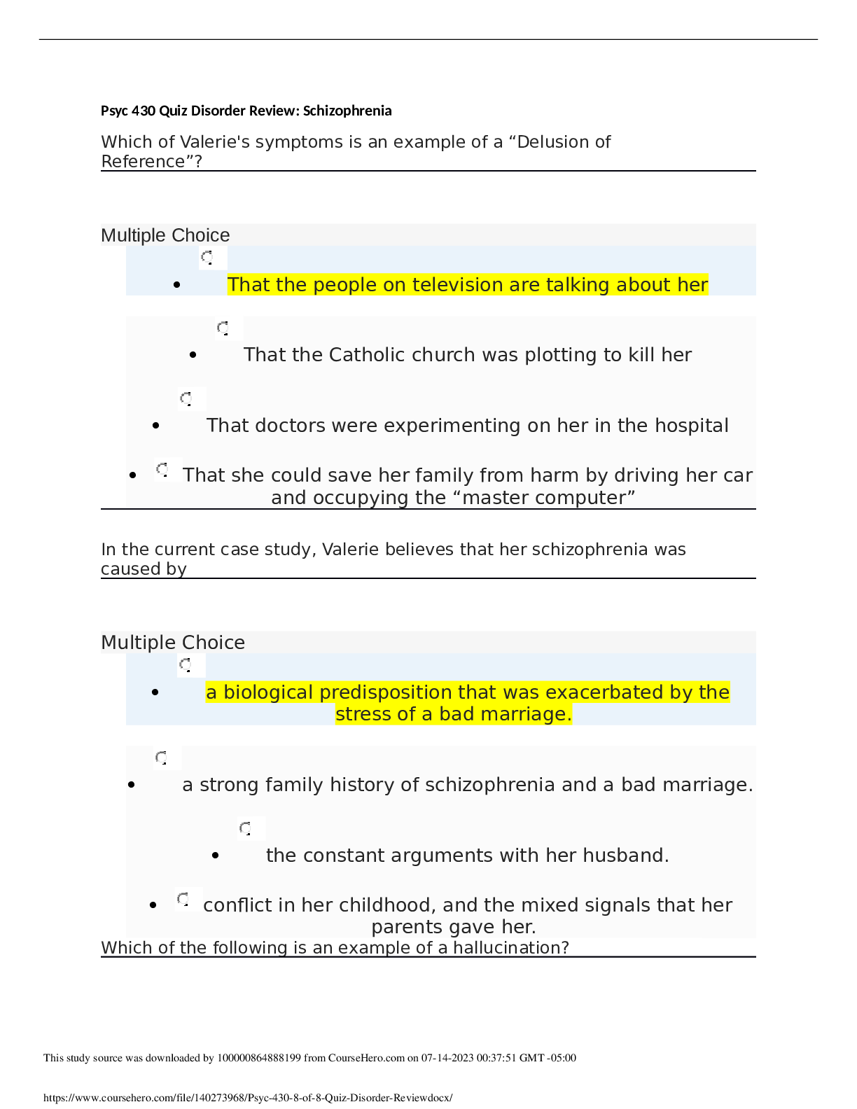 Preview of Psyc 430 Quiz Disorder Review Schizophrenia