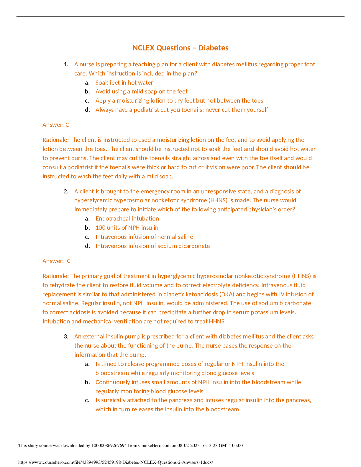 Preview of NCLEX Questions - Diabetes 2023